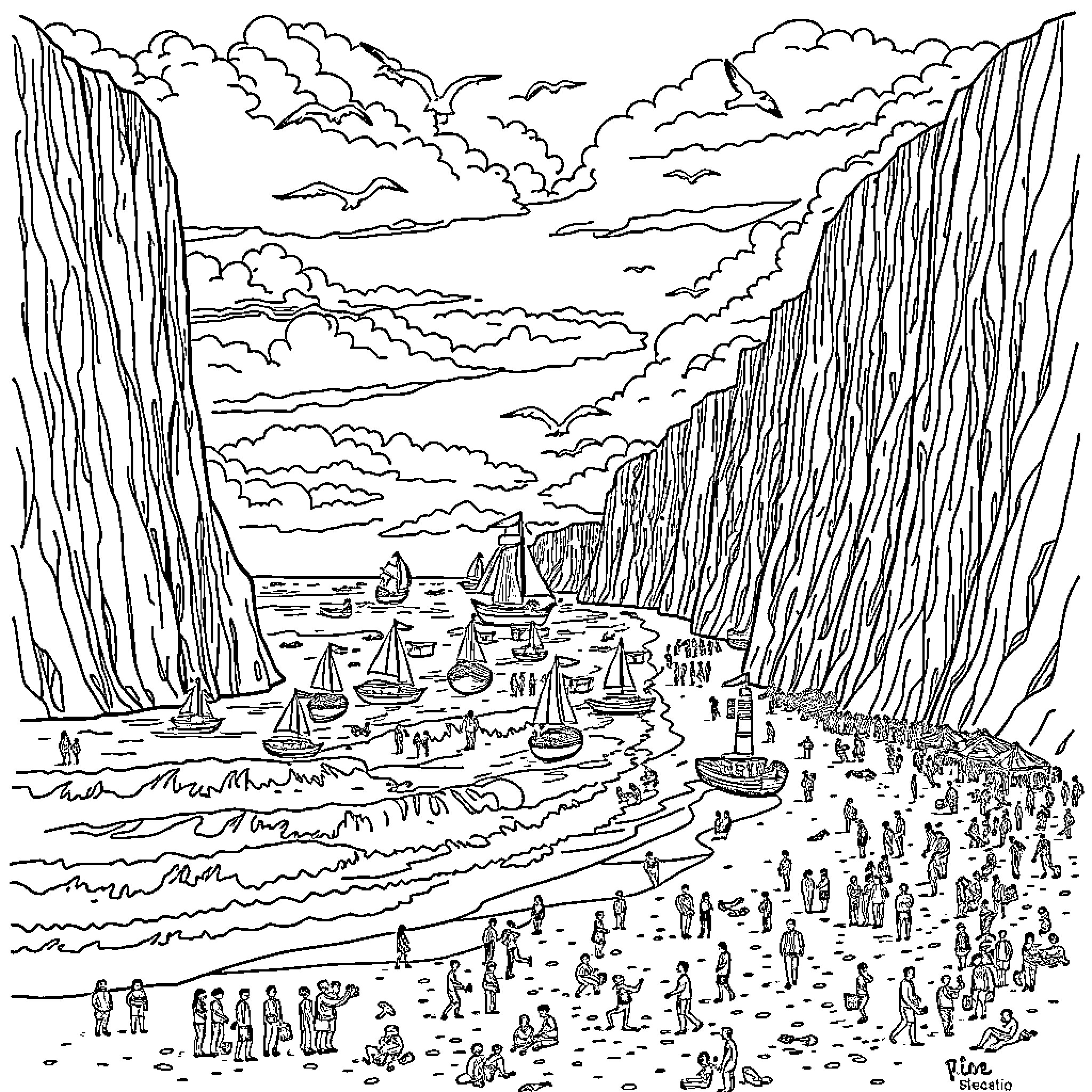 Beach Scene with Crowded Harbor and Towering Cliffs Coloring Page (free black-and-white line drawing printable PDF for all, from beginners to advanced learners, including children, teens, adults, and seniors)