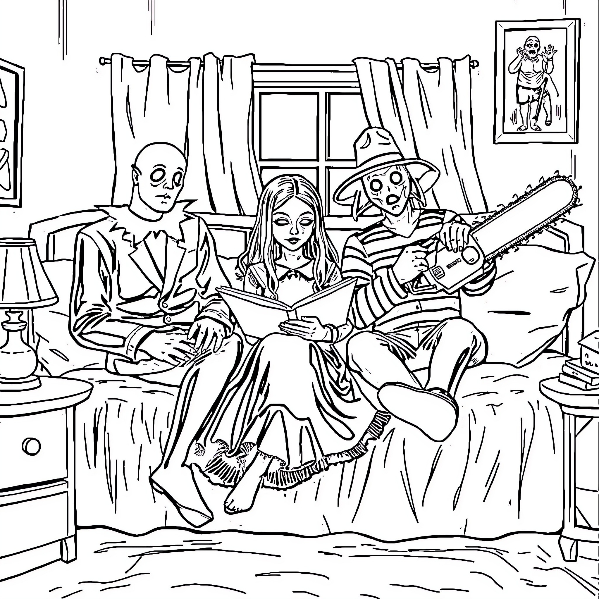 Wednesday Addams and family relaxing at home Coloring Page (free black-and-white line drawing printable PDF for all, from beginners to advanced learners, including children, teens, adults, and seniors)