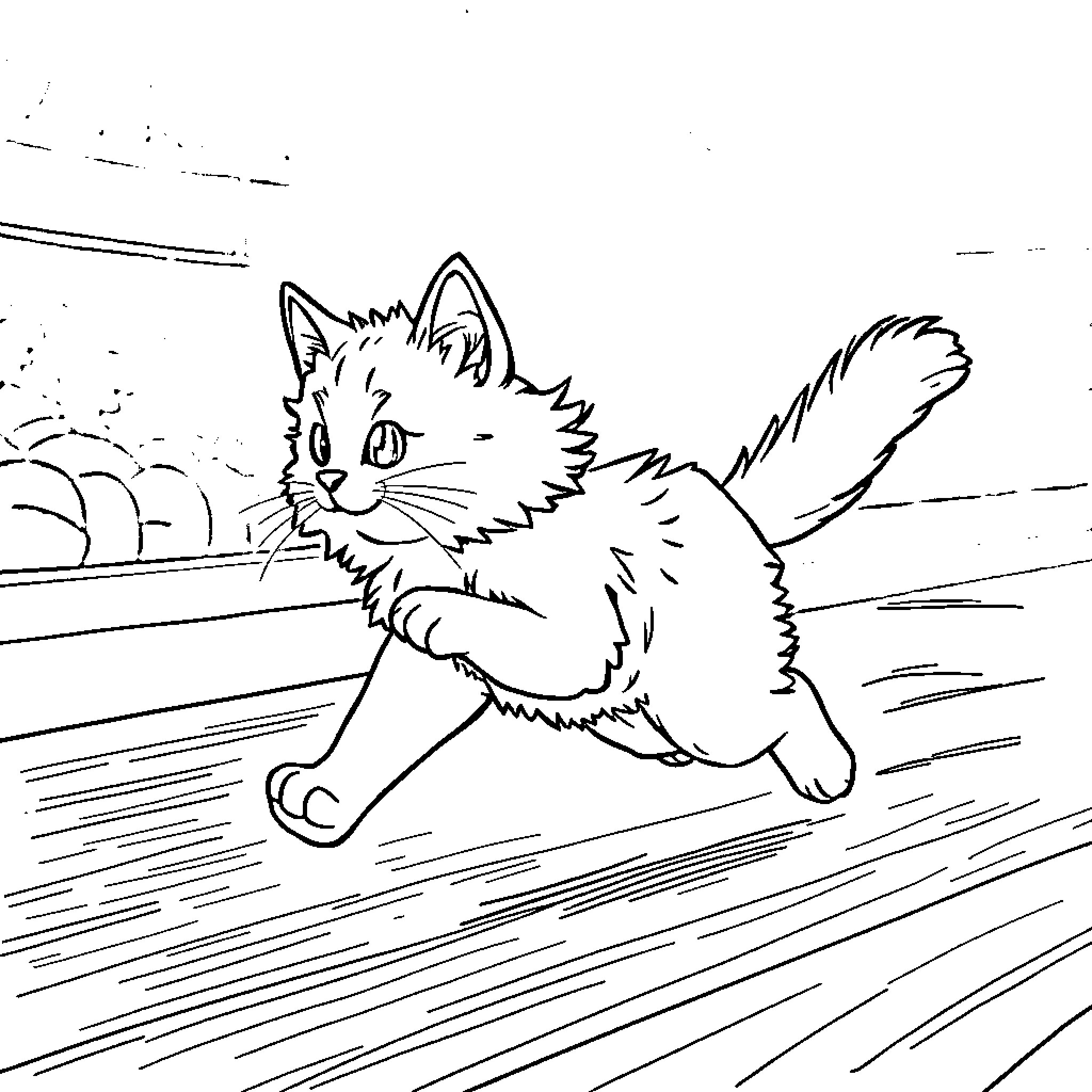 Cat dashing across a floor Coloring Page (free black-and-white line drawing printable PDF for all, from beginners to advanced learners, including children, teens, adults, and seniors)