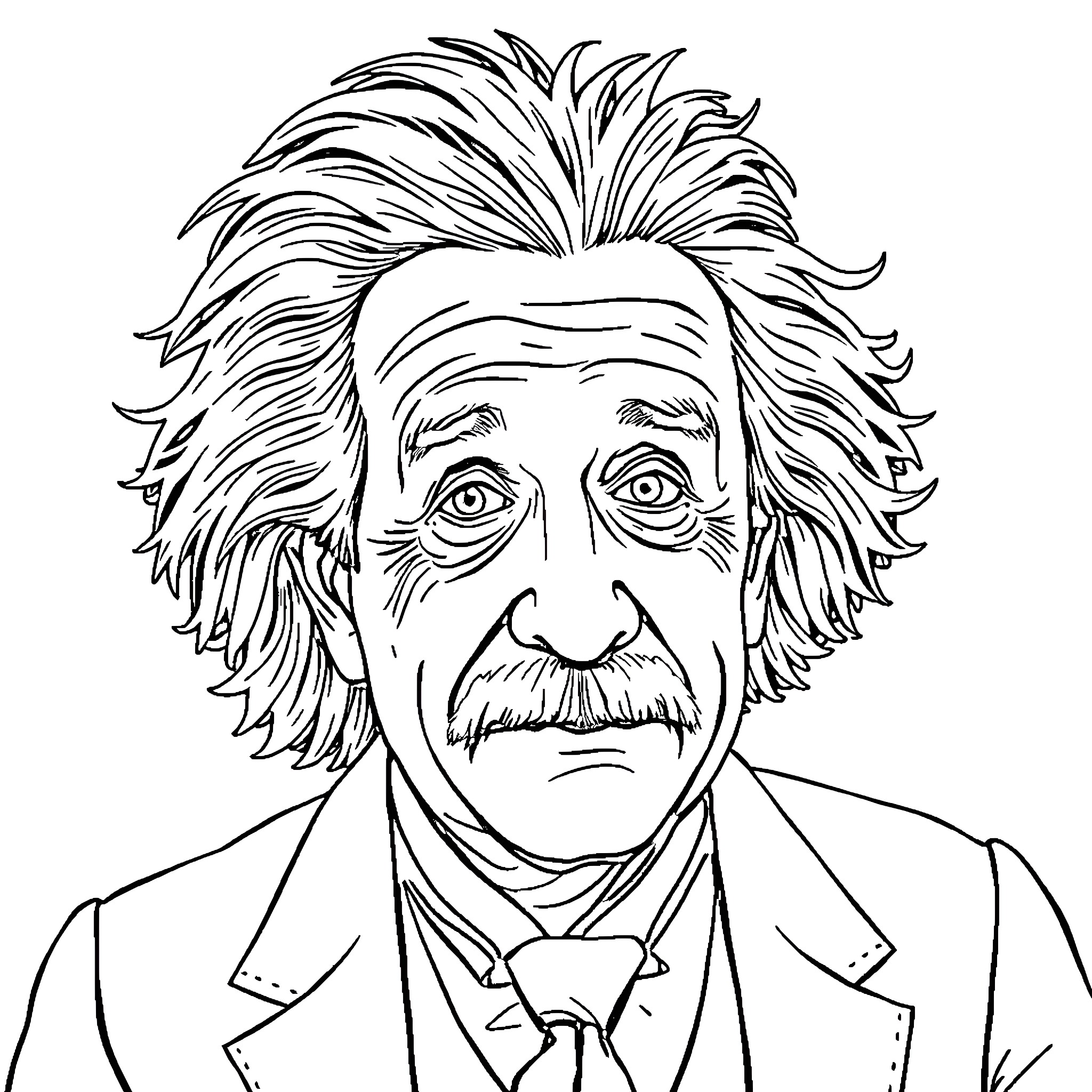 Einstein lost in deep thought Coloring Page (free black-and-white line drawing printable PDF for all, from beginners to advanced learners, including children, teens, adults, and seniors)