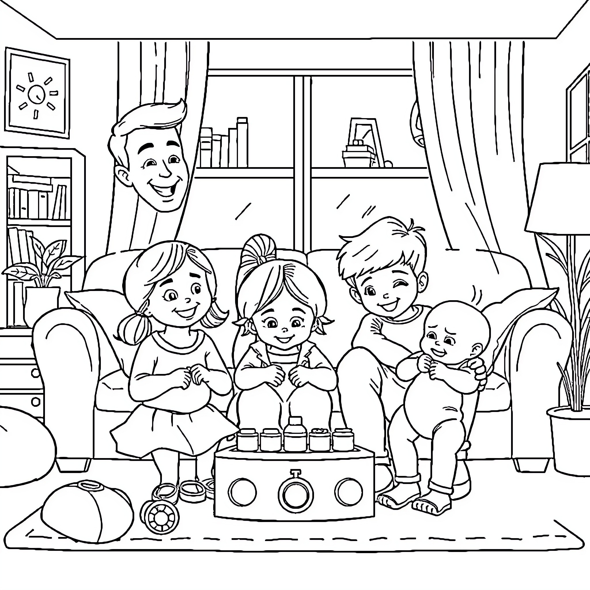 Family Celebrating Together in Cozy Home Coloring Page (free black-and-white line drawing printable PDF for all, from beginners to advanced learners, including children, teens, adults, and seniors)
