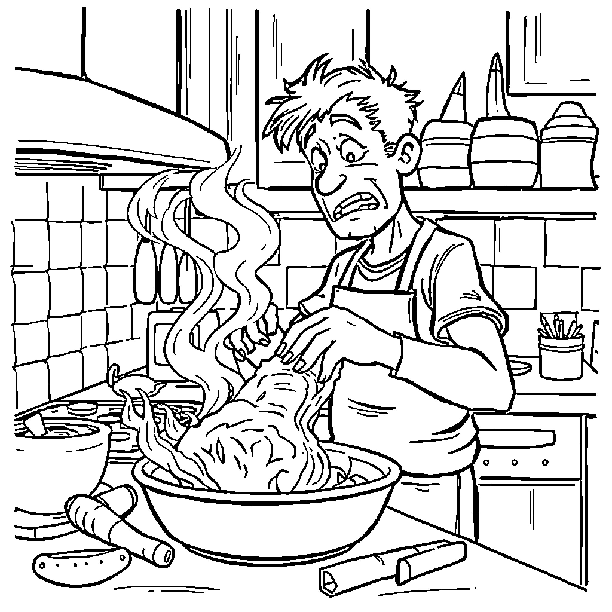 Brisket cooking in a busy kitchen Coloring Page (free black-and-white line drawing printable PDF for all, from beginners to advanced learners, including children, teens, adults, and seniors)