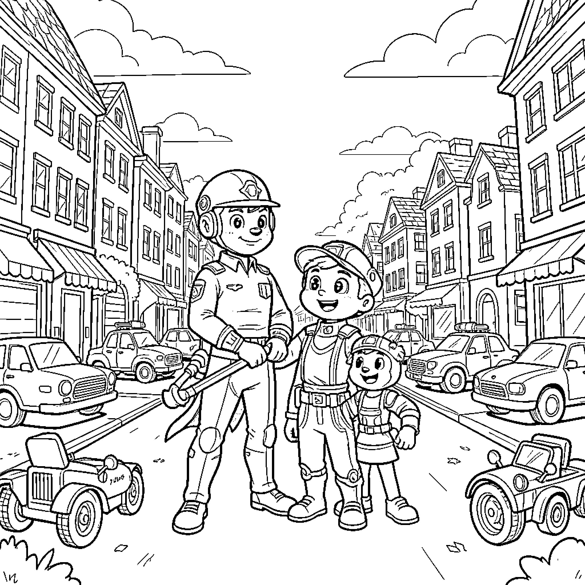 Rider and family exploring the busy city street Coloring Page (free black-and-white line drawing printable PDF for all, from beginners to advanced learners, including children, teens, adults, and seniors)
