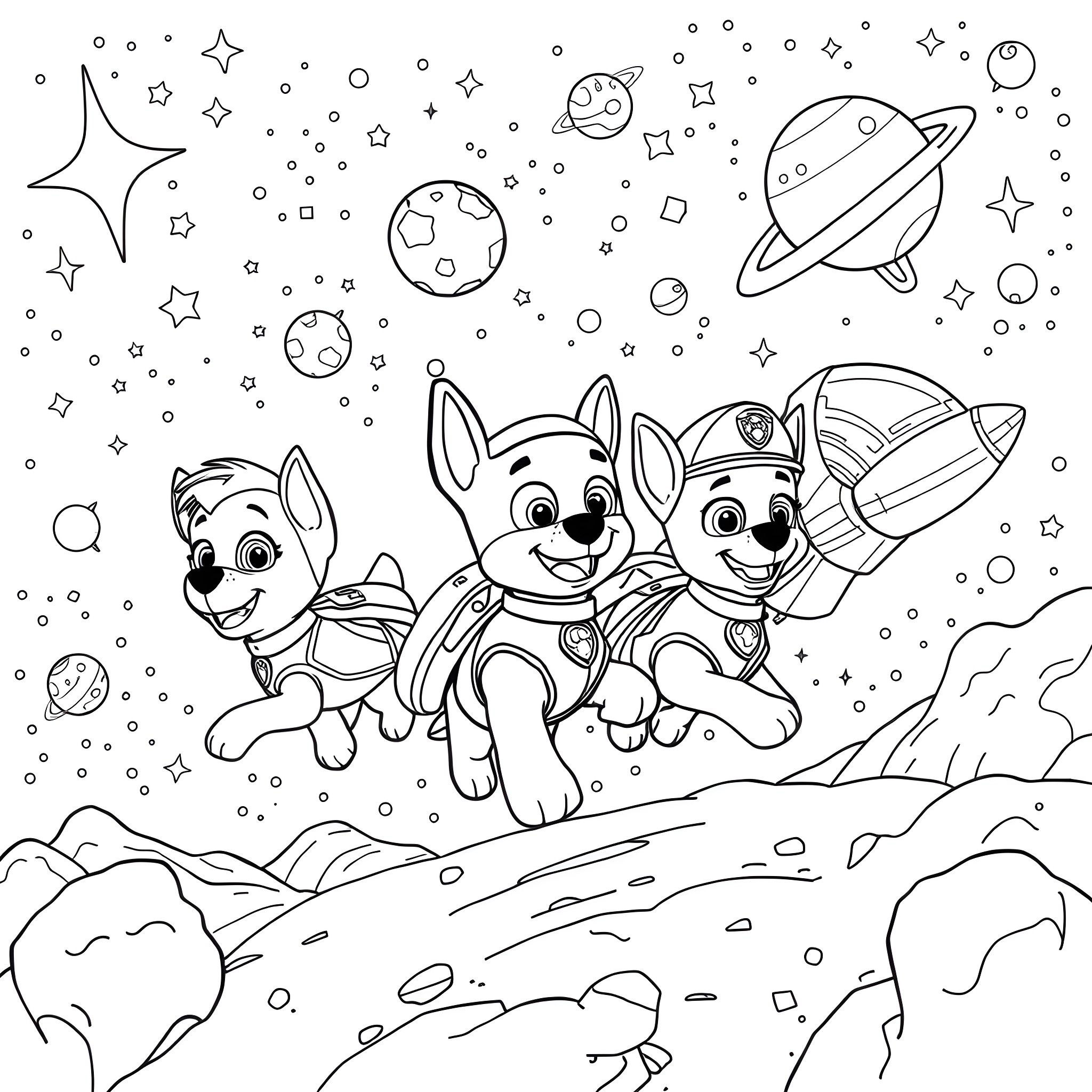 Paw Patrol Exploring the Cosmos Coloring Page (free black-and-white line drawing printable PDF for all, from beginners to advanced learners, including children, teens, adults, and seniors)