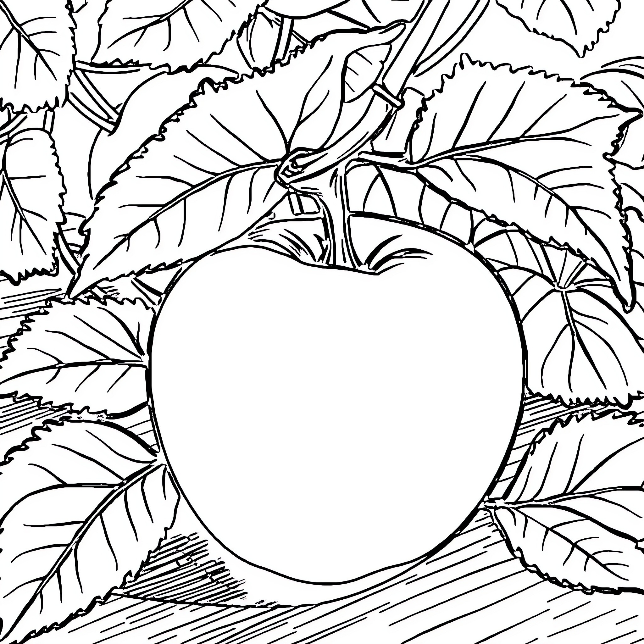 Apple Surrounded by Intricate Foliage Coloring Page (free black-and-white line drawing printable PDF for all, from beginners to advanced learners, including children, teens, adults, and seniors)