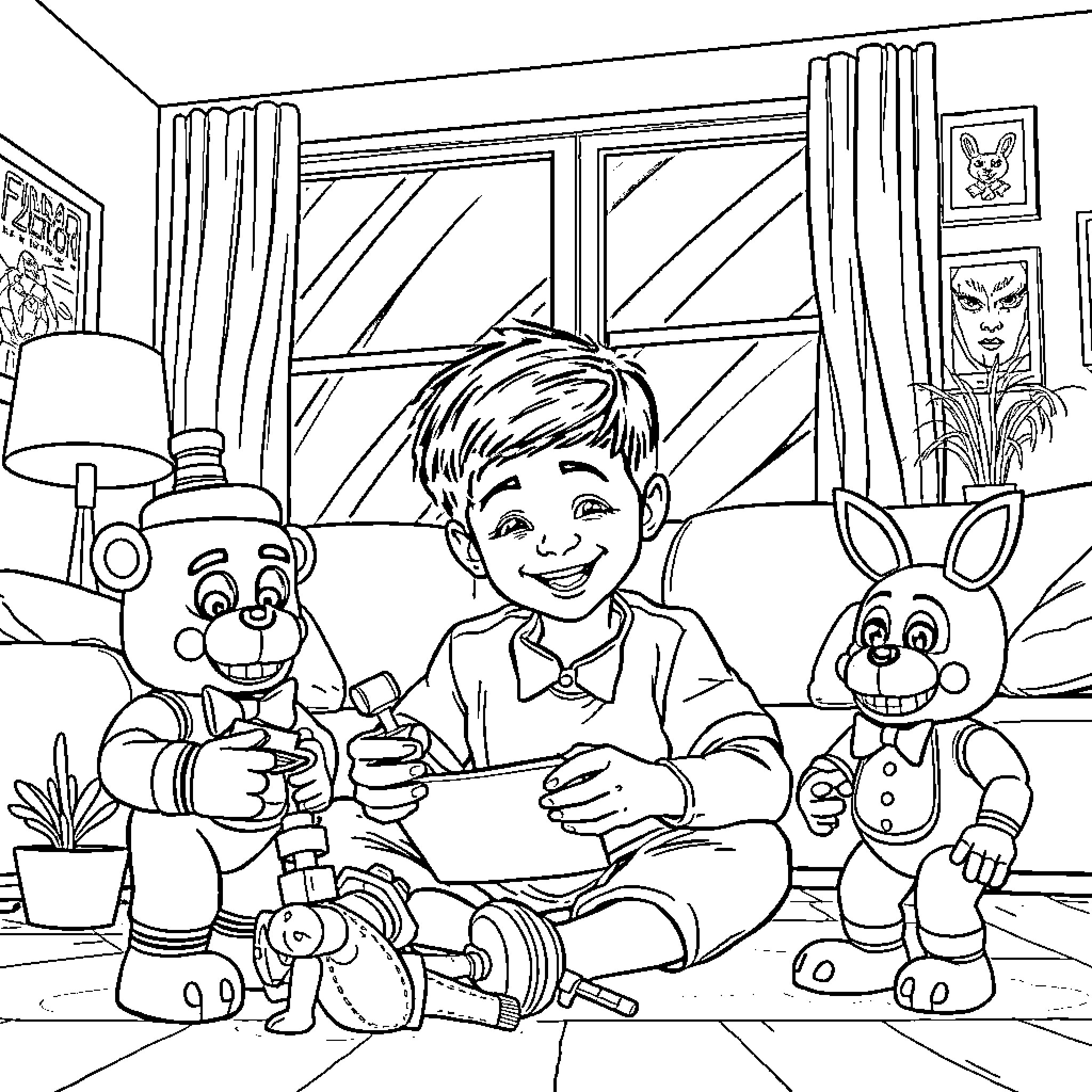 Kid playing with toys in the room Coloring Page (free black-and-white line drawing printable PDF for all, from beginners to advanced learners, including children, teens, adults, and seniors)