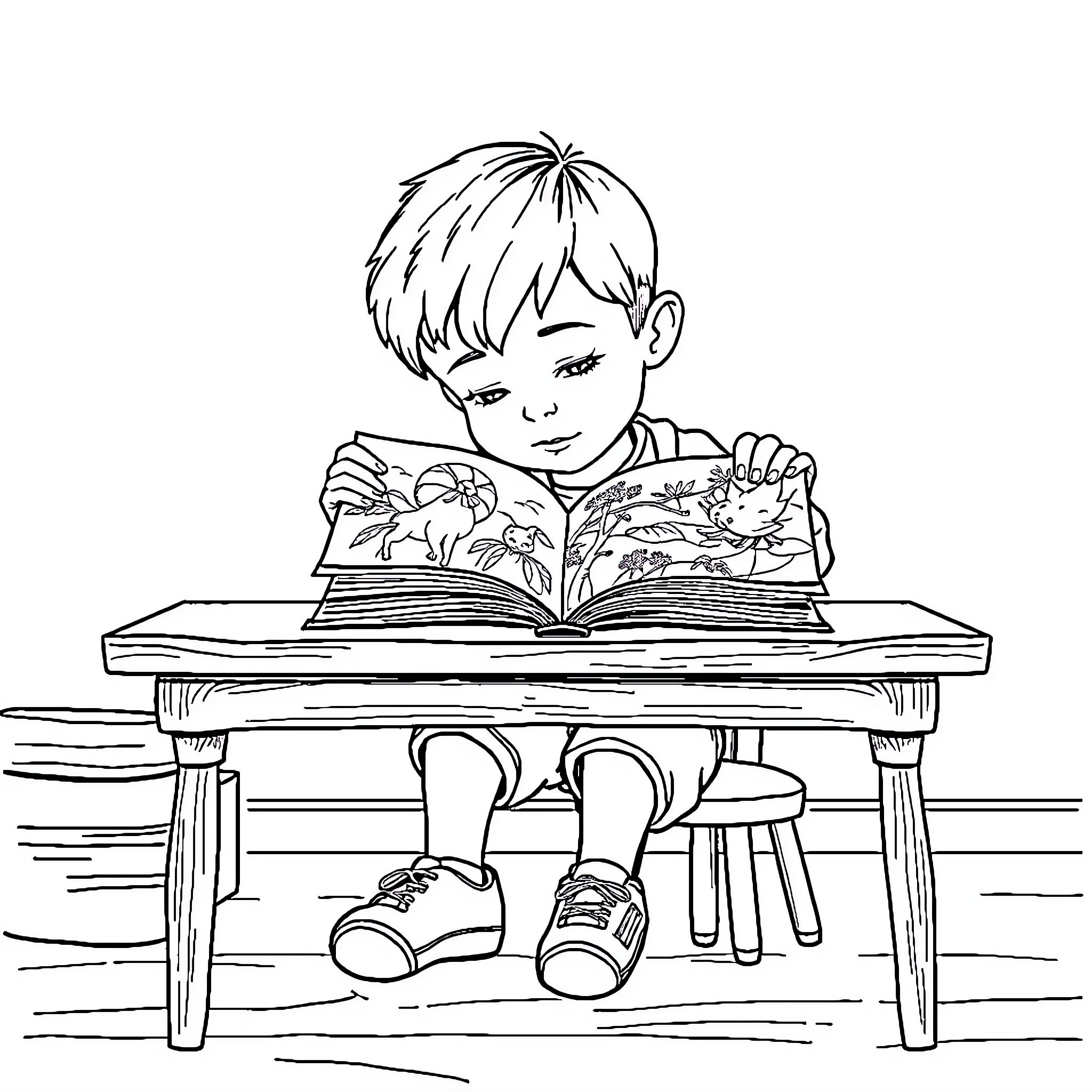Boy reading nature book with enthusiasm Coloring Page (free black-and-white line drawing printable PDF for all, from beginners to advanced learners, including children, teens, adults, and seniors)