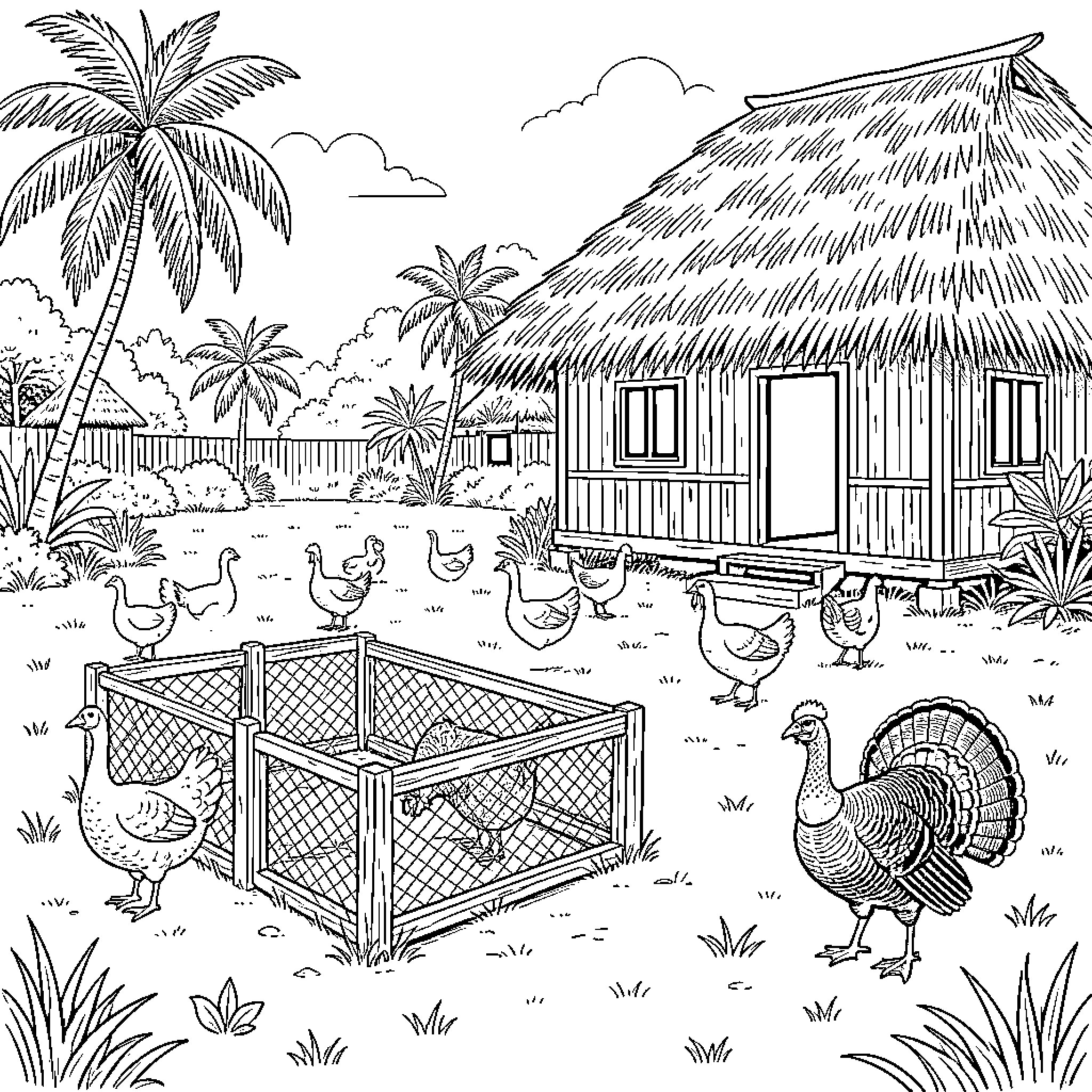 Chicken wandering around a tropical hut and yard Coloring Page (free black-and-white line drawing printable PDF for all, from beginners to advanced learners, including children, teens, adults, and seniors)