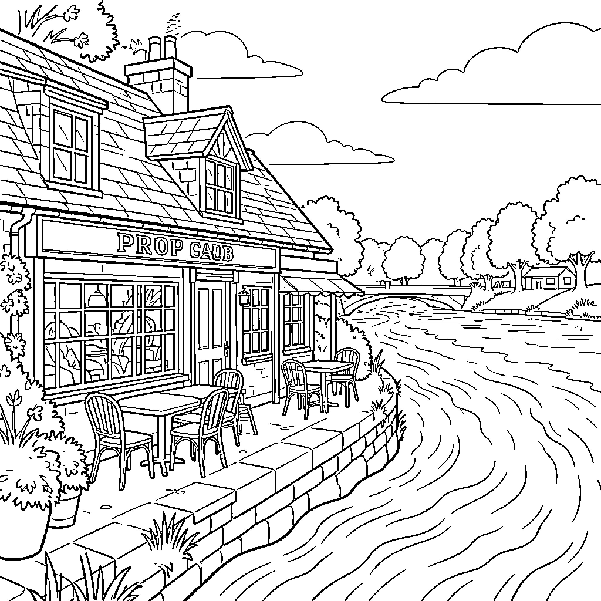 Pub situated along a peaceful flowing river Coloring Page (free black-and-white line drawing printable PDF for all, from beginners to advanced learners, including children, teens, adults, and seniors)