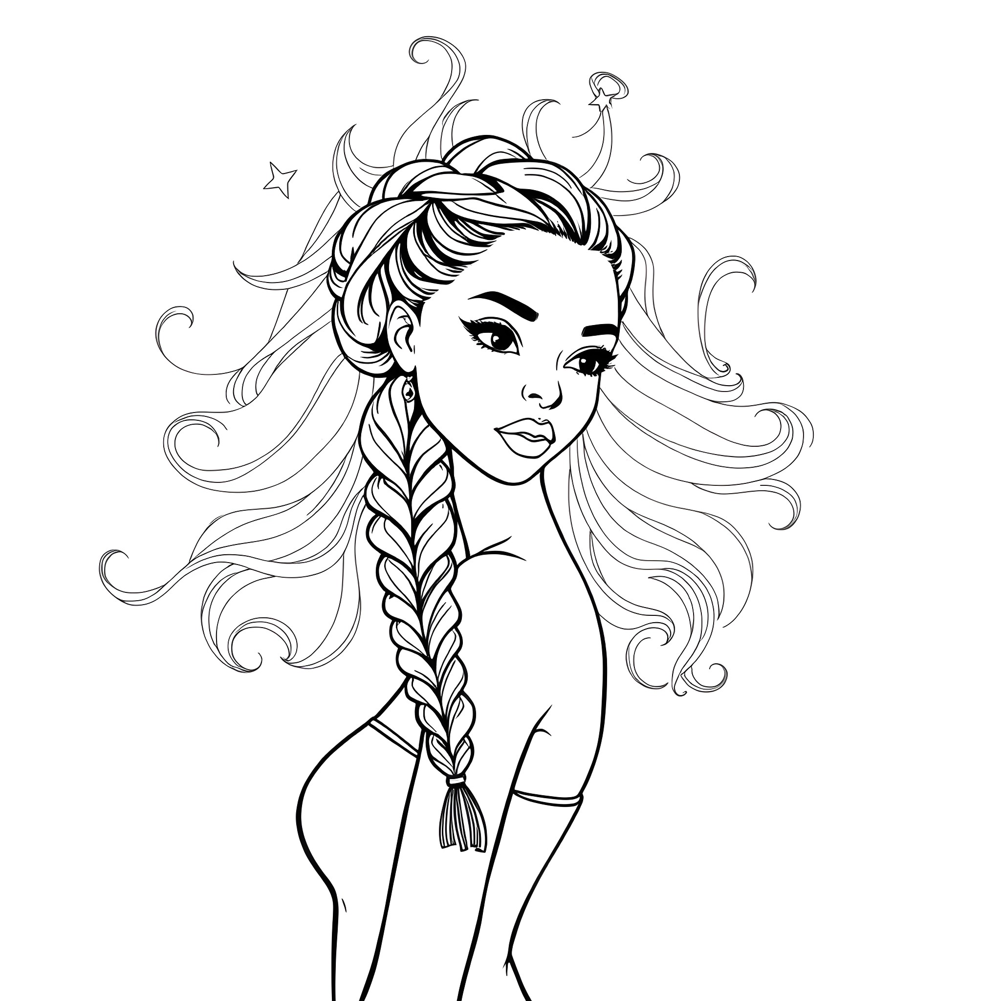 Woman with Intricate Hairstyle and Flowing Locks Coloring Page (free black-and-white line drawing printable PDF for all, from beginners to advanced learners, including children, teens, adults, and seniors)