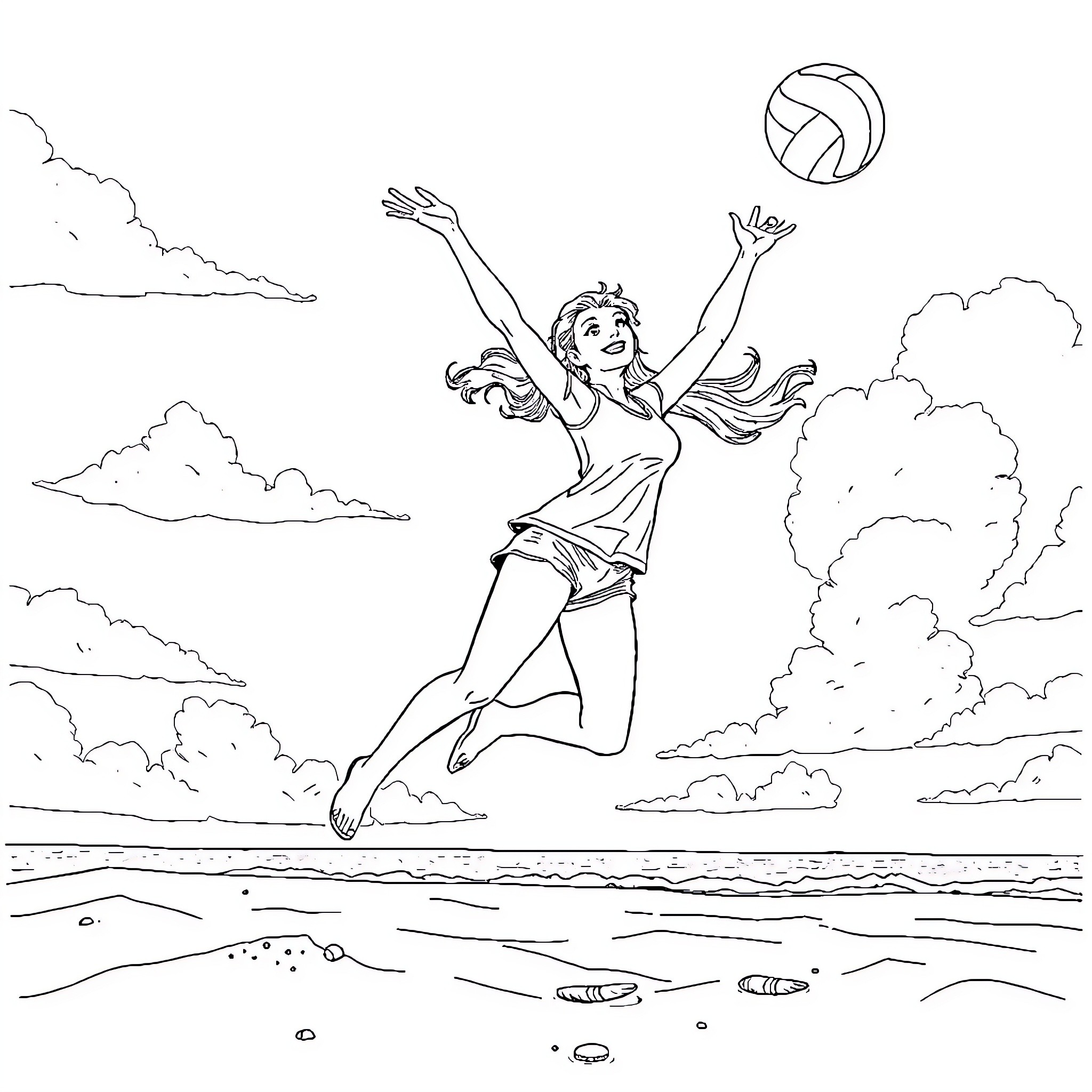 Marie Rose happily spiking the volleyball on the beach Coloring Page (free black-and-white line drawing printable PDF for all, from beginners to advanced learners, including children, teens, adults, and seniors)