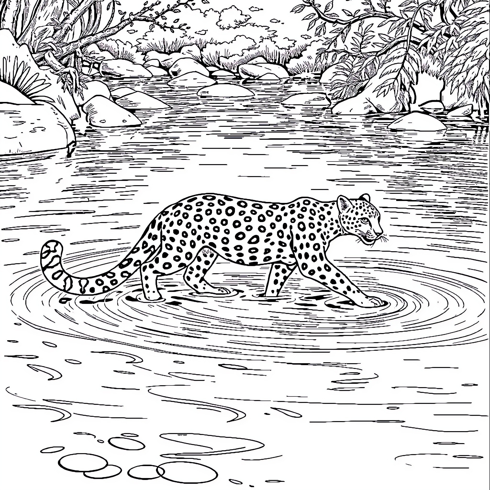 Cheetah wading through serene river in jungle landscape Coloring Page (free black-and-white line drawing printable PDF for all, from beginners to advanced learners, including children, teens, adults, and seniors)