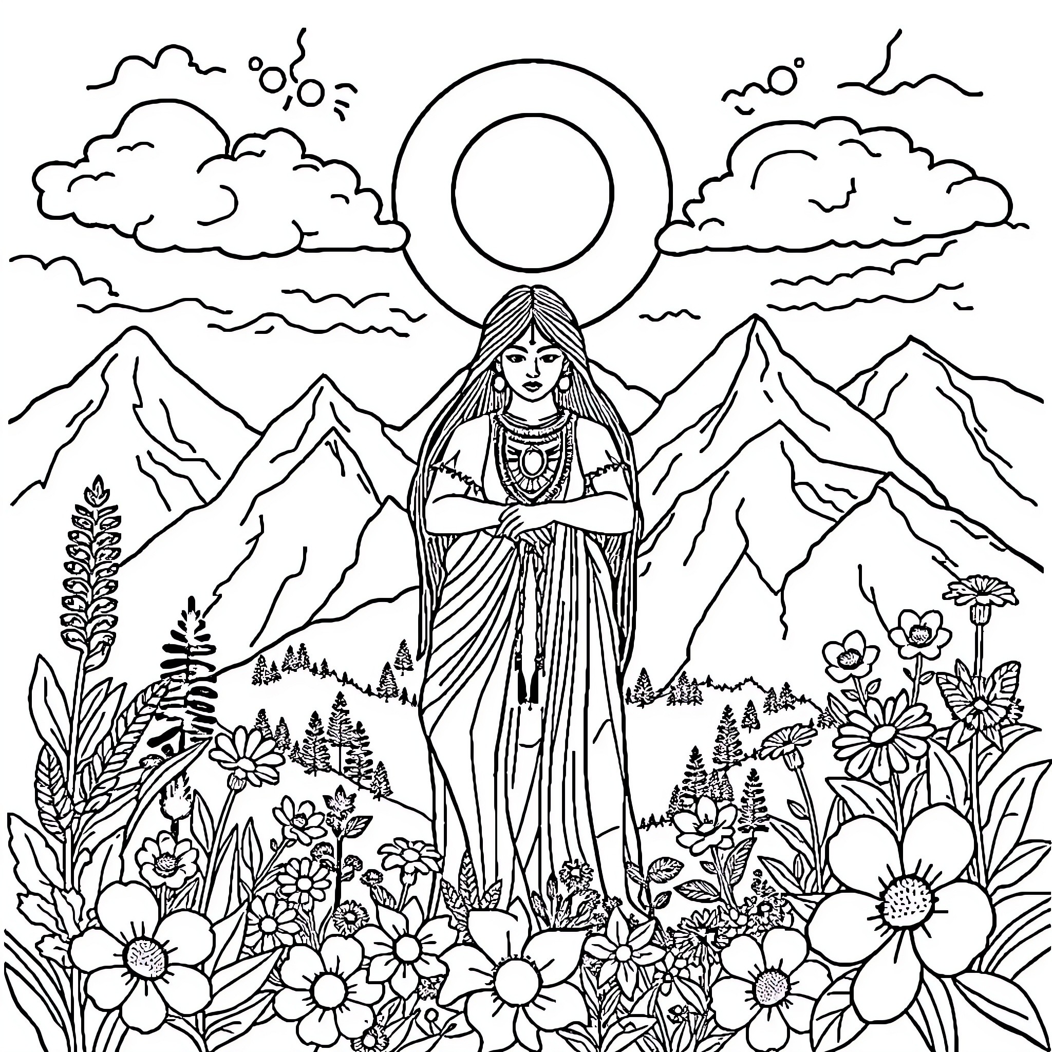 Pachamama amidst the Andean landscape Coloring Page (free black-and-white line drawing printable PDF for all, from beginners to advanced learners, including children, teens, adults, and seniors)