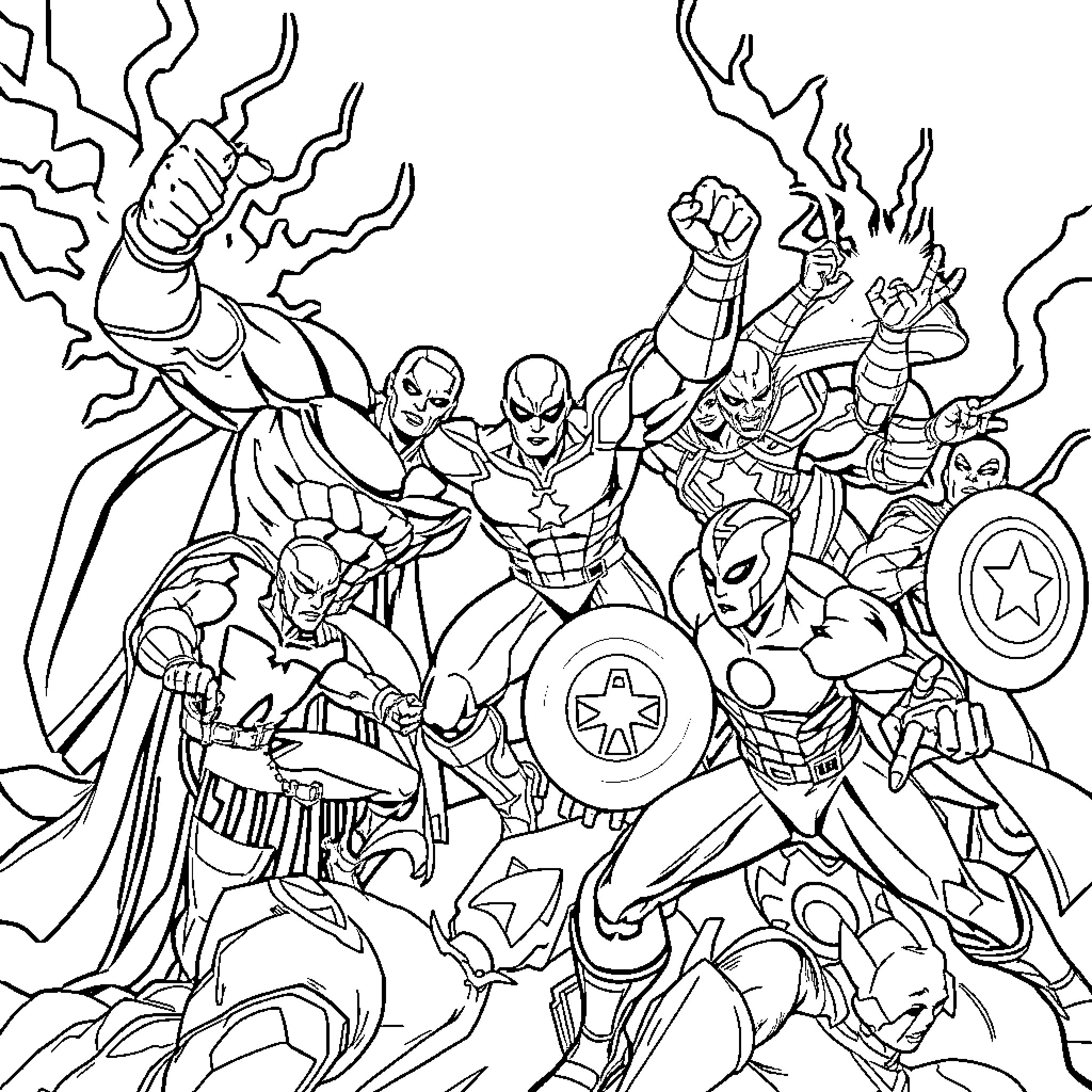 Marvel Heroes in Epic Showdown Coloring Page (free black-and-white line drawing printable PDF for all, from beginners to advanced learners, including children, teens, adults, and seniors)