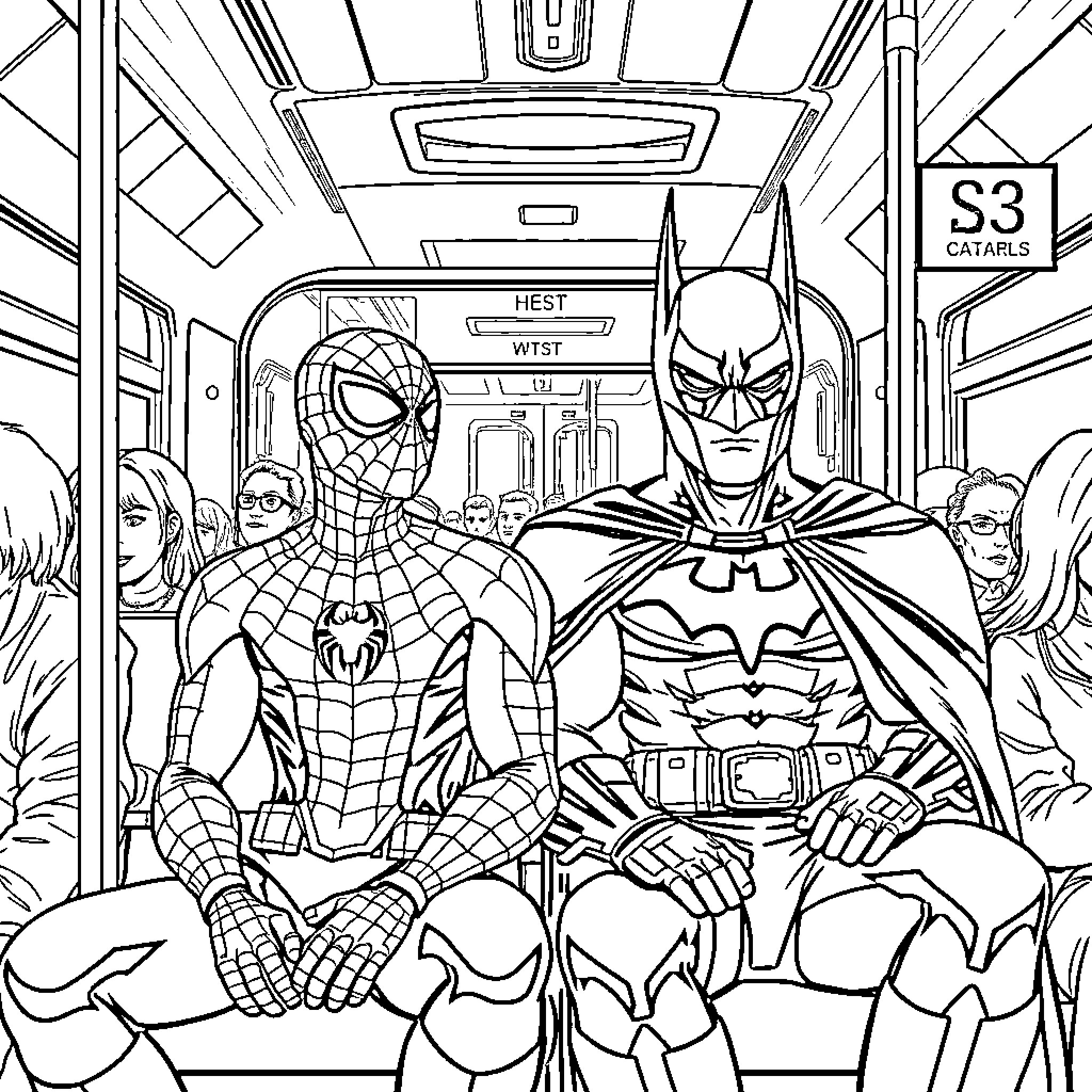 Spiderman and Batman sitting together on a subway train Coloring Page (free black-and-white line drawing printable PDF for all, from beginners to advanced learners, including children, teens, adults, and seniors)