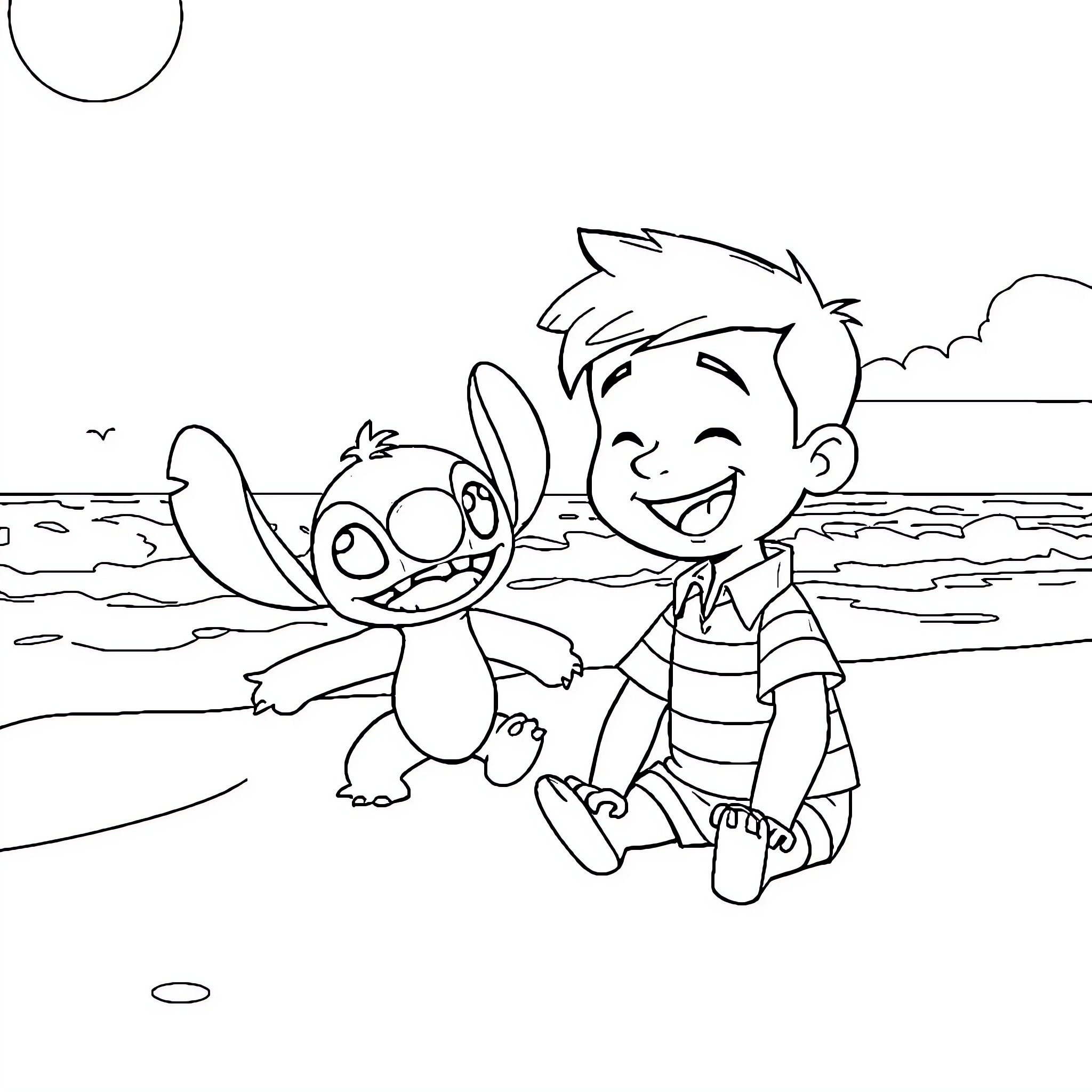Lincoln and Stitch playing happily on the beach Coloring Page (free black-and-white line drawing printable PDF for all, from beginners to advanced learners, including children, teens, adults, and seniors)