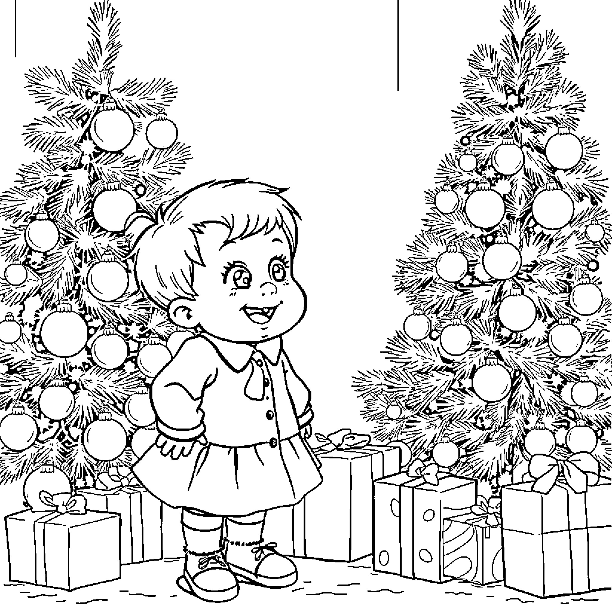 Child decorating Christmas tree with gifts Coloring Page (free black-and-white line drawing printable PDF for all, from beginners to advanced learners, including children, teens, adults, and seniors)