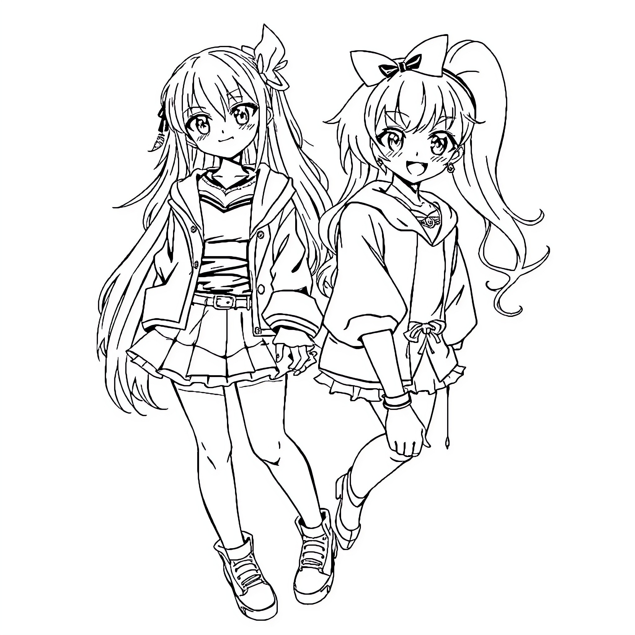 Manga Girls in Playful Outfits Coloring Page (free black-and-white line drawing printable PDF for all, from beginners to advanced learners, including children, teens, adults, and seniors)