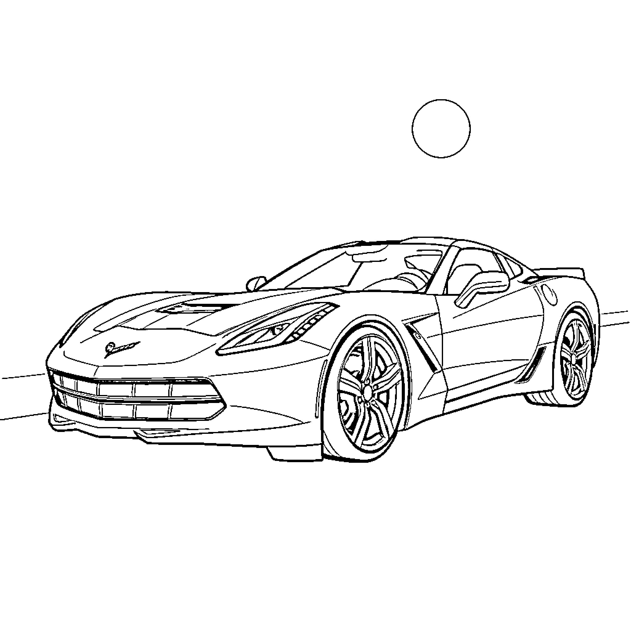 Corvette sports car in motion on the road Coloring Page (free black-and-white line drawing printable PDF for all, from beginners to advanced learners, including children, teens, adults, and seniors)