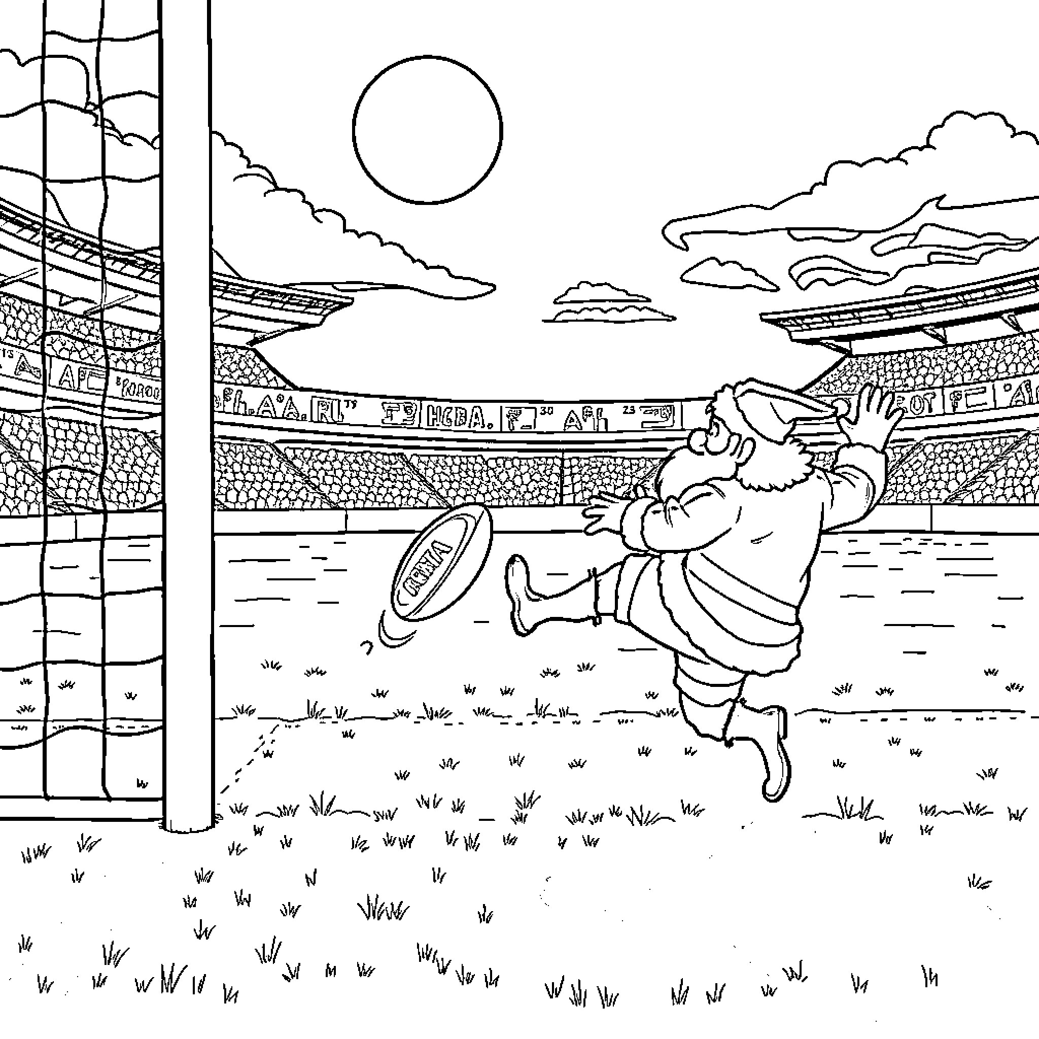 Santa playing football on the field Coloring Page (free black-and-white line drawing printable PDF for all, from beginners to advanced learners, including children, teens, adults, and seniors)