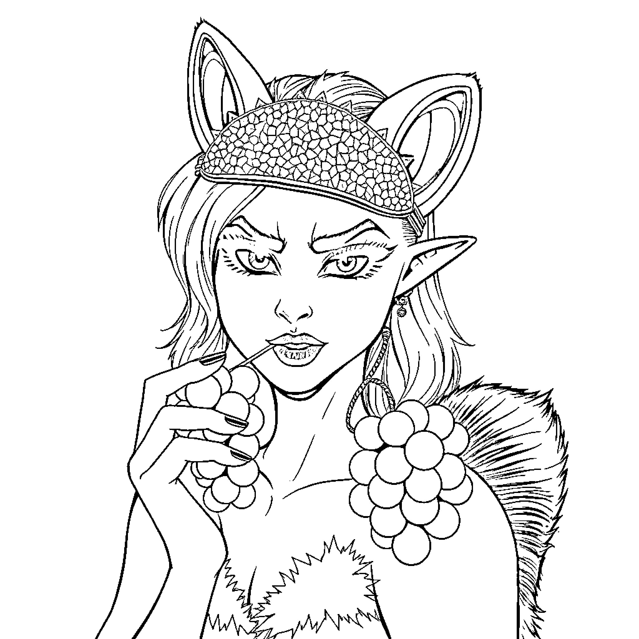 Woman with horns and floral headpiece Coloring Page (free black-and-white line drawing printable PDF for all, from beginners to advanced learners, including children, teens, adults, and seniors)