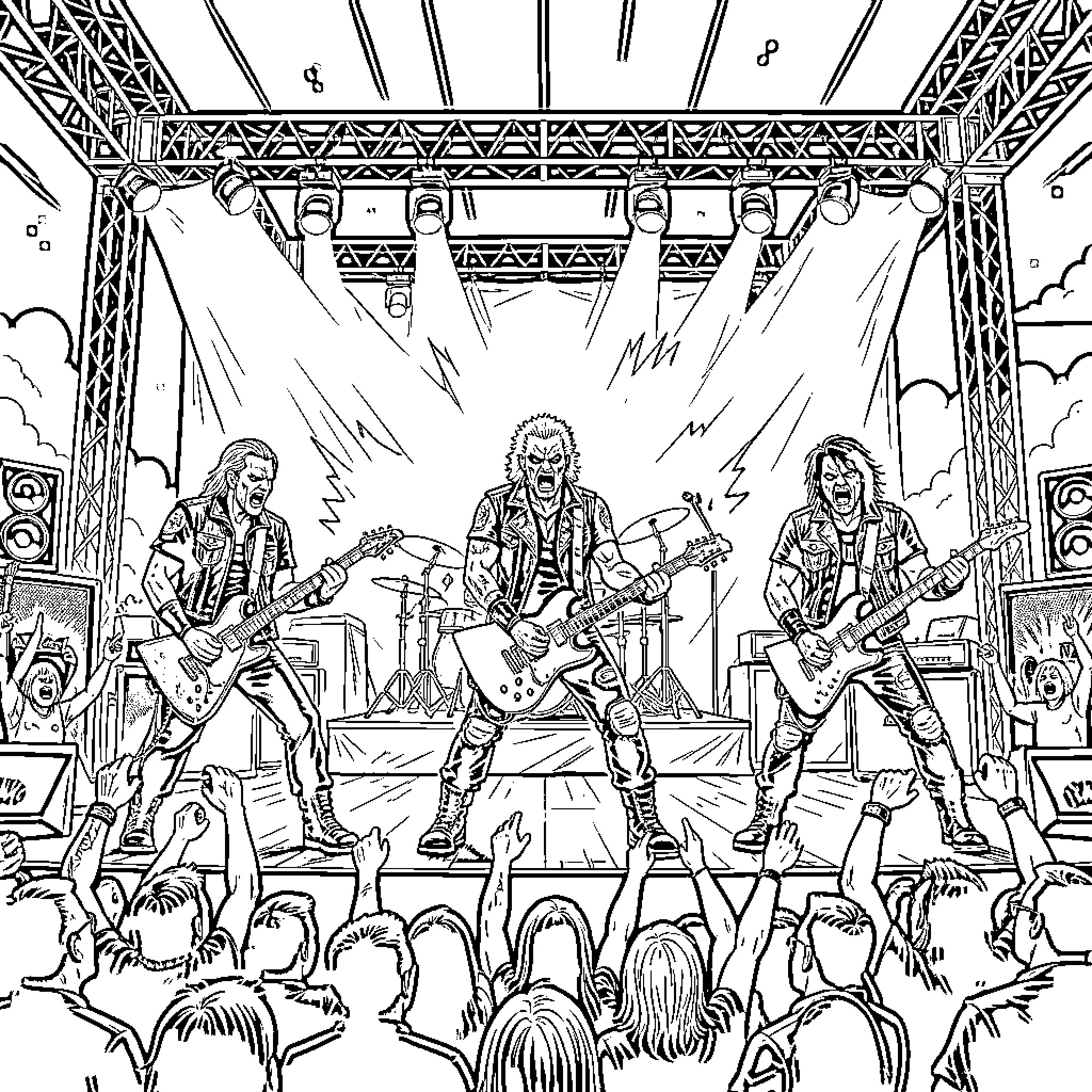 Rammstein performing energetically on stage before a crowd Coloring Page (free black-and-white line drawing printable PDF for all, from beginners to advanced learners, including children, teens, adults, and seniors)