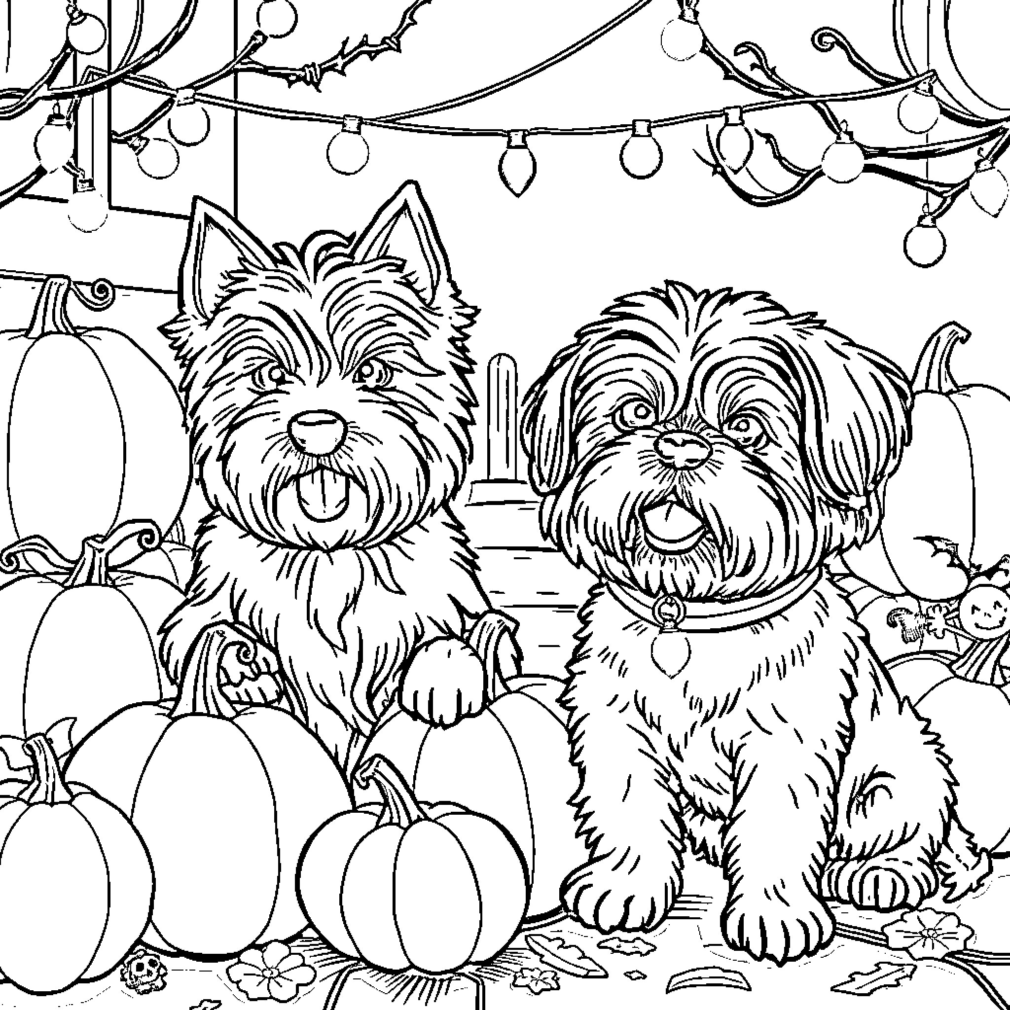 Dogs posing in front of pumpkins and string lights Coloring Page (free black-and-white line drawing printable PDF for all, from beginners to advanced learners, including children, teens, adults, and seniors)