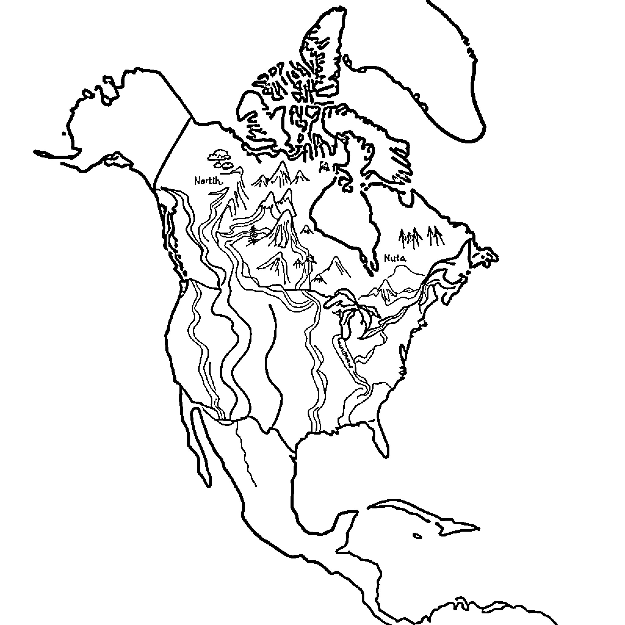 Map of the North American continent Coloring Page (free black-and-white line drawing printable PDF for all, from beginners to advanced learners, including children, teens, adults, and seniors)