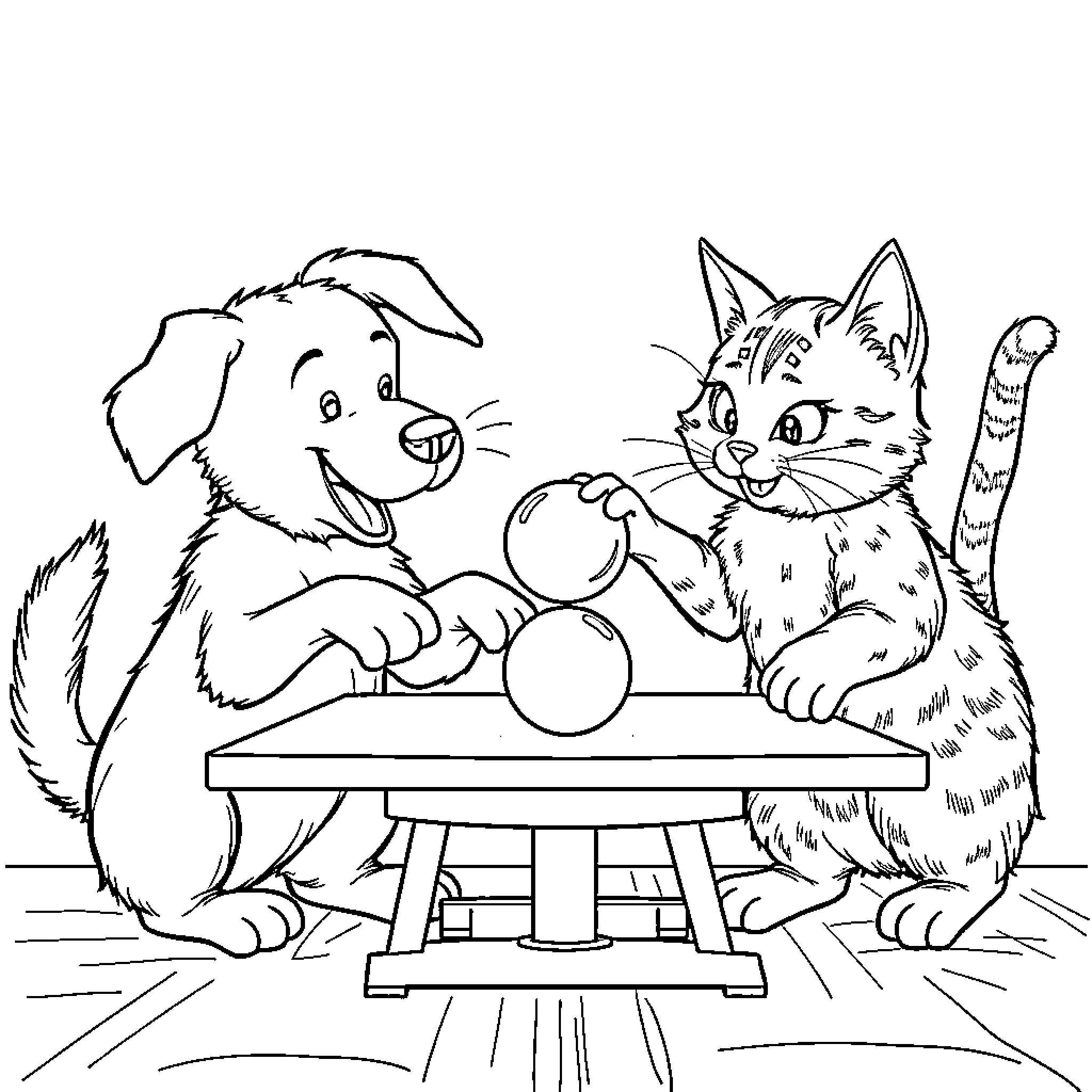 Dog and cat playing with toy balls Coloring Page (free black-and-white line drawing printable PDF for all, from beginners to advanced learners, including children, teens, adults, and seniors)