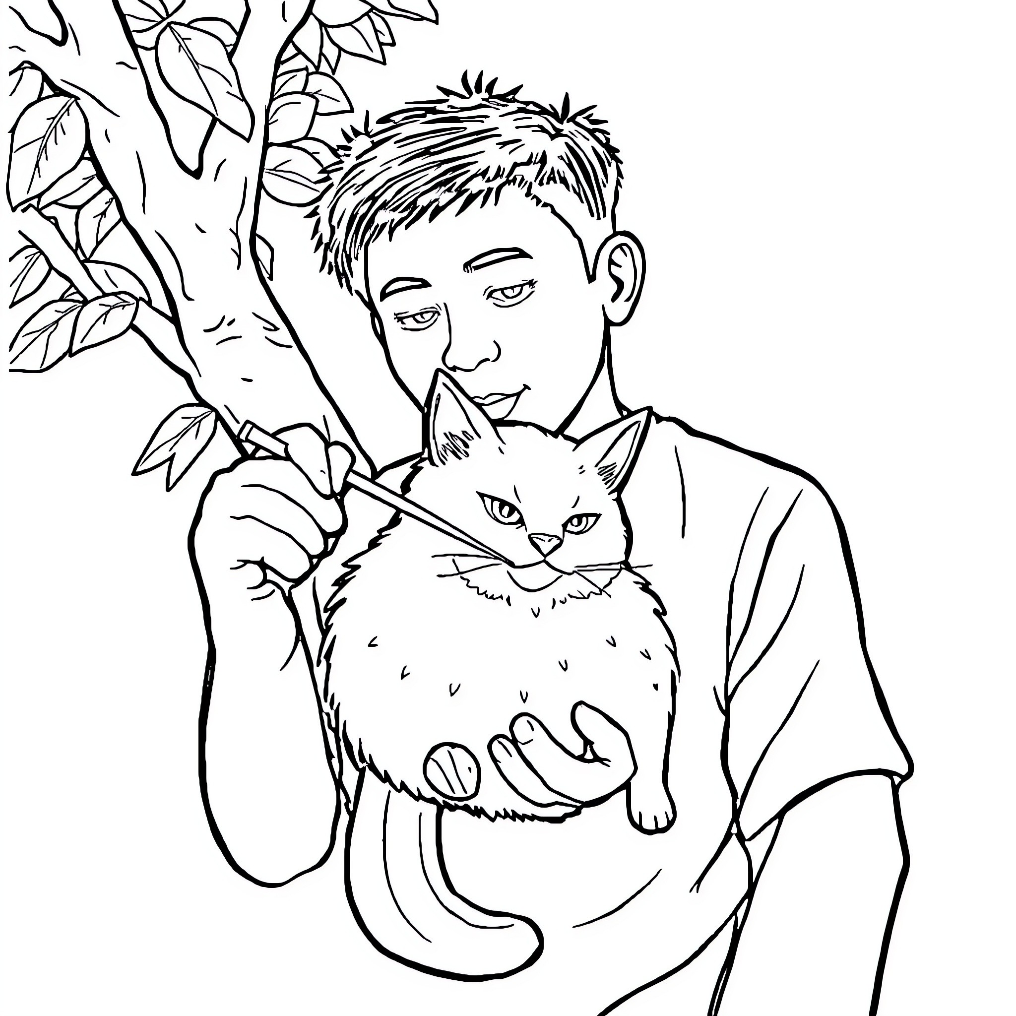 Man holding a cat in a nature setting Coloring Page (free black-and-white line drawing printable PDF for all, from beginners to advanced learners, including children, teens, adults, and seniors)