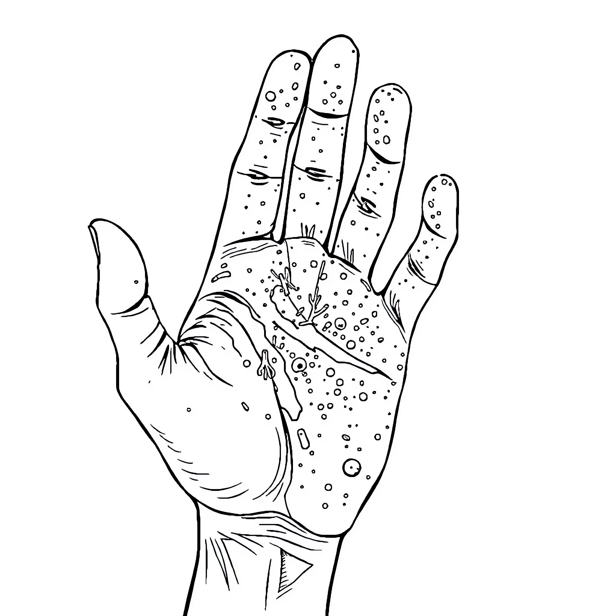 Germ-ridden hand with spots and blemishes Coloring Page (free black-and-white line drawing printable PDF for all, from beginners to advanced learners, including children, teens, adults, and seniors)