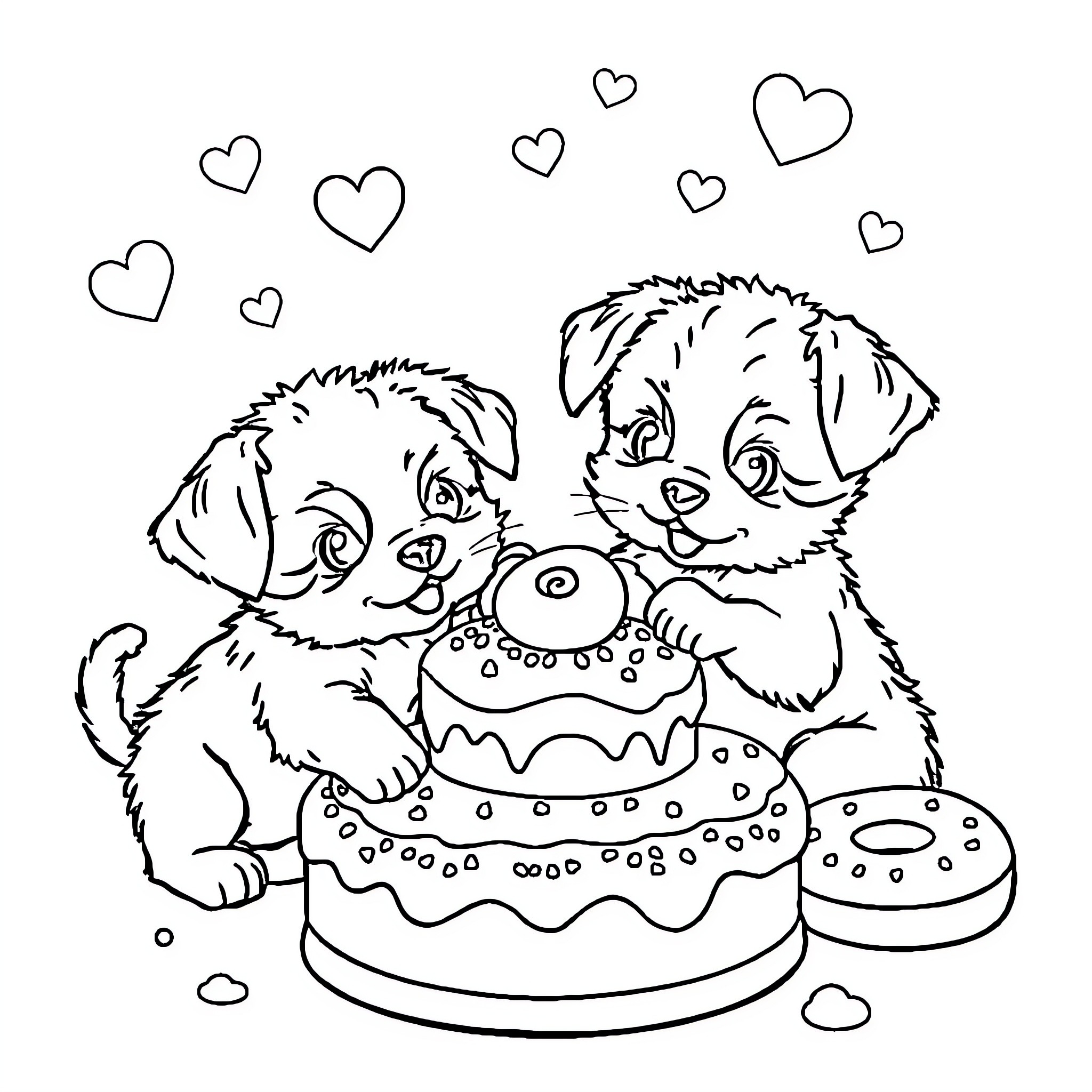 Puppy playing with birthday cake and hearts Coloring Page (free black-and-white line drawing printable PDF for all, from beginners to advanced learners, including children, teens, adults, and seniors)