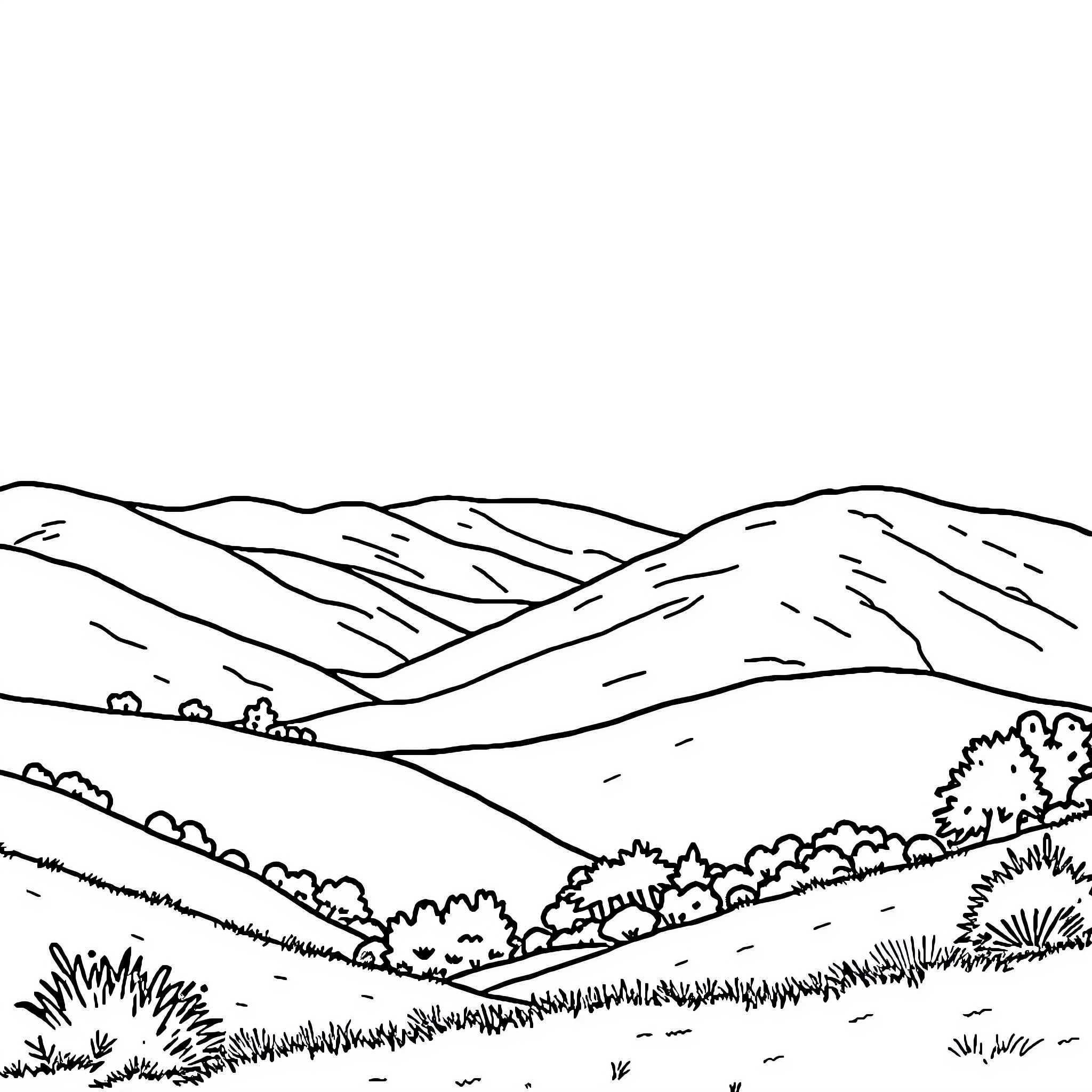 Scenery of rolling hills and countryside landscape Coloring Page (free black-and-white line drawing printable PDF for all, from beginners to advanced learners, including children, teens, adults, and seniors)