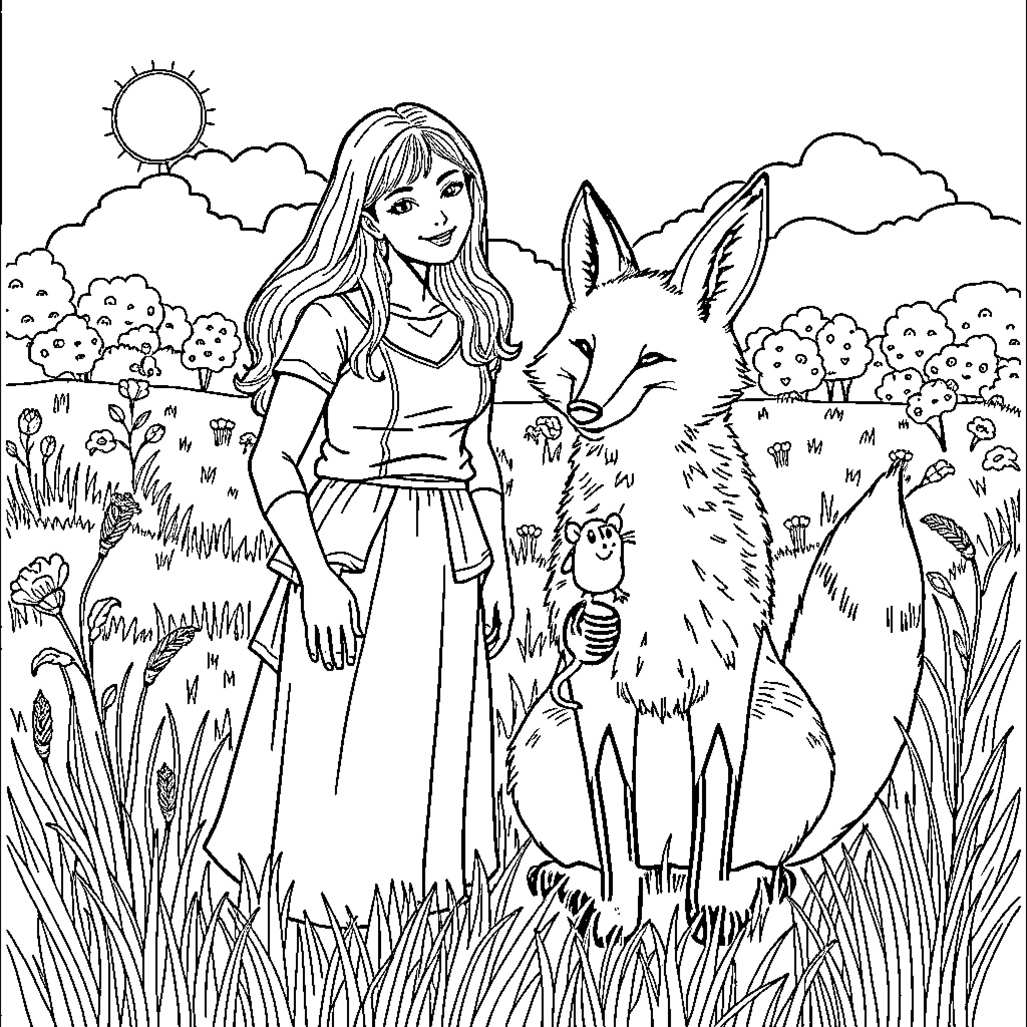 Fox and girl exploring the natural landscape Coloring Page (free black-and-white line drawing printable PDF for all, from beginners to advanced learners, including children, teens, adults, and seniors)