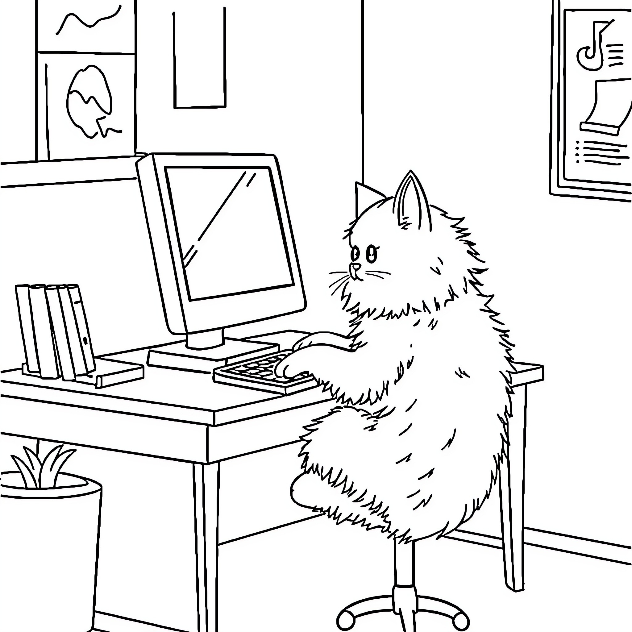 Cat working diligently on computer Coloring Page (free black-and-white line drawing printable PDF for all, from beginners to advanced learners, including children, teens, adults, and seniors)