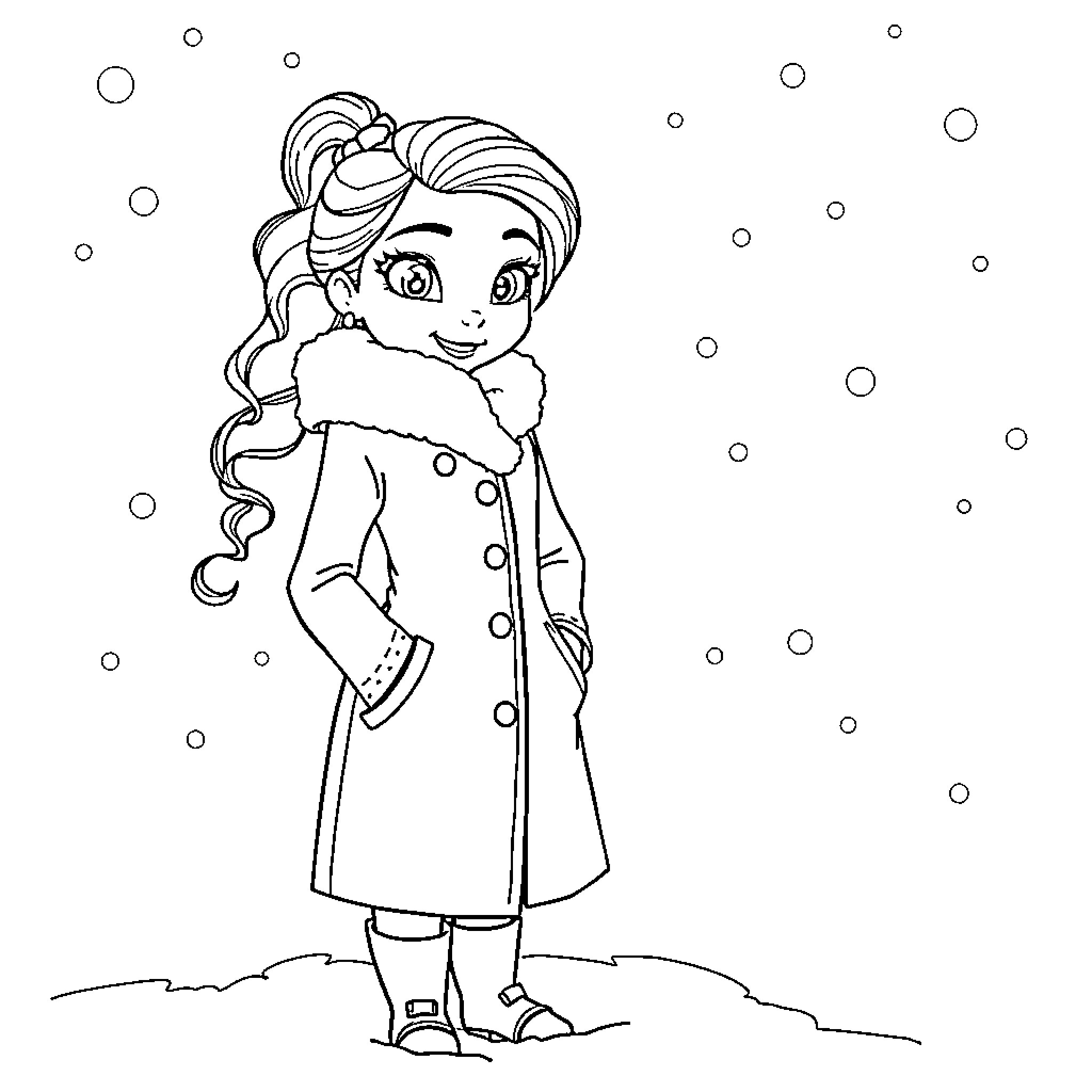 Tiana bundled up in a cozy winter coat Coloring Page (free black-and-white line drawing printable PDF for all, from beginners to advanced learners, including children, teens, adults, and seniors)