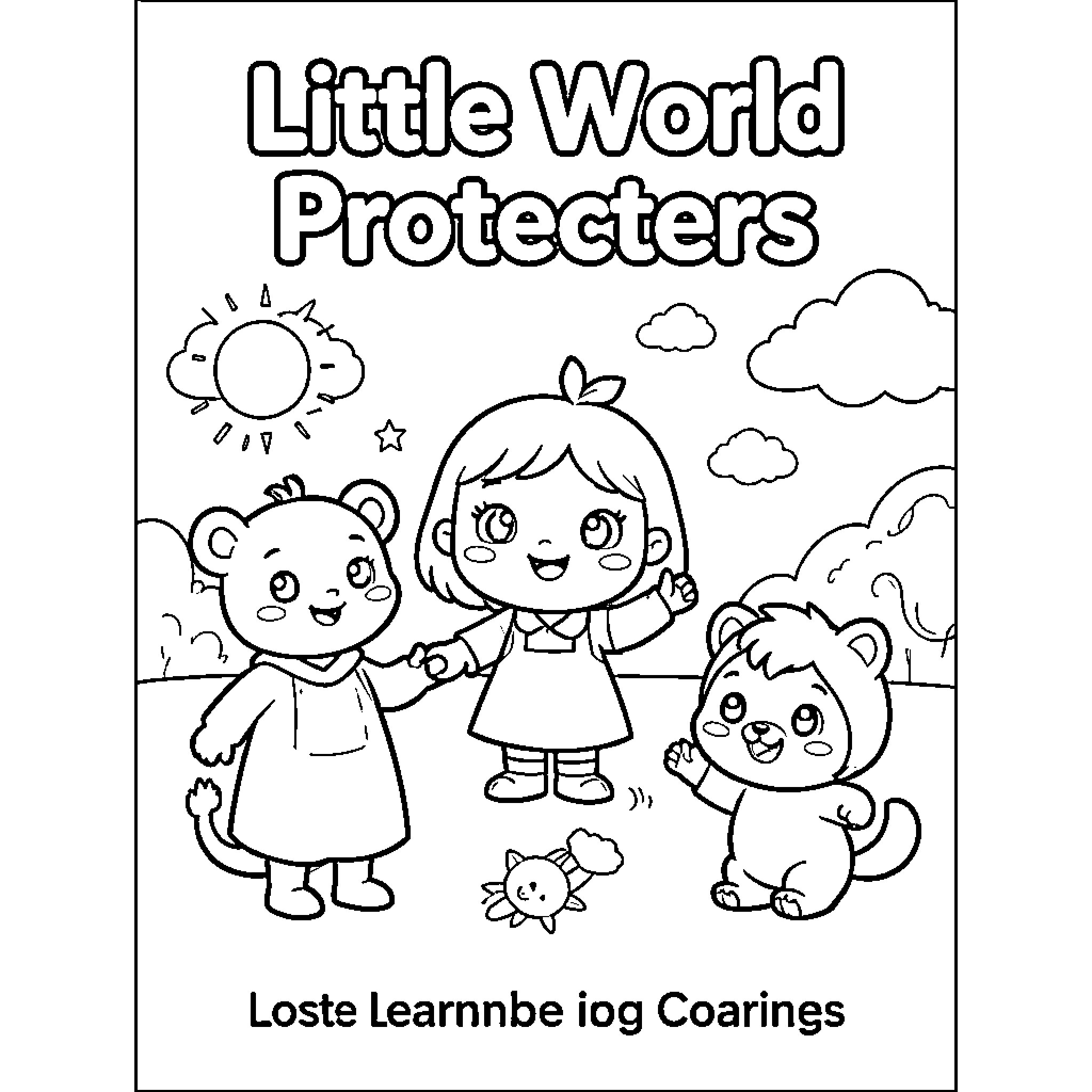 World Protector children and animals playing together happily Coloring Page (free black-and-white line drawing printable PDF for all, from beginners to advanced learners, including children, teens, adults, and seniors)