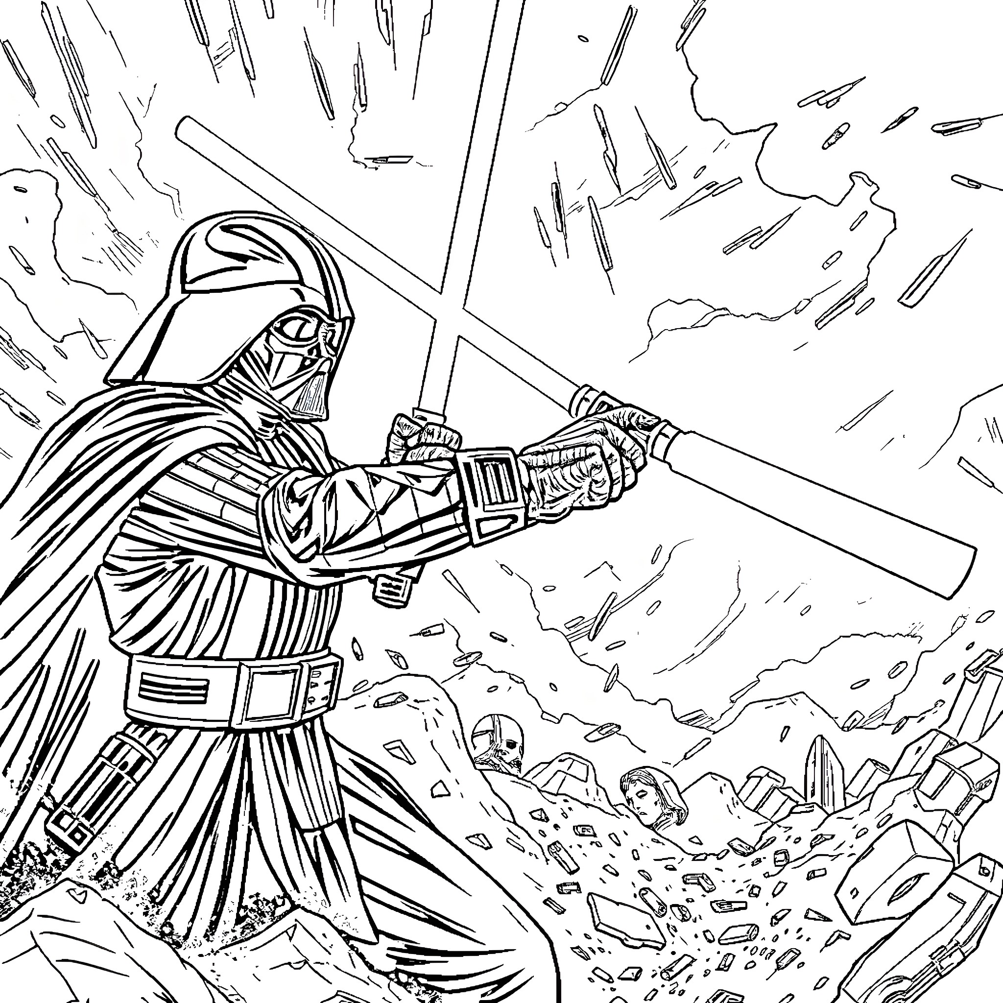 Kylo Ren's Powerful Battle Stance Coloring Page (free black-and-white line drawing printable PDF for all, from beginners to advanced learners, including children, teens, adults, and seniors)