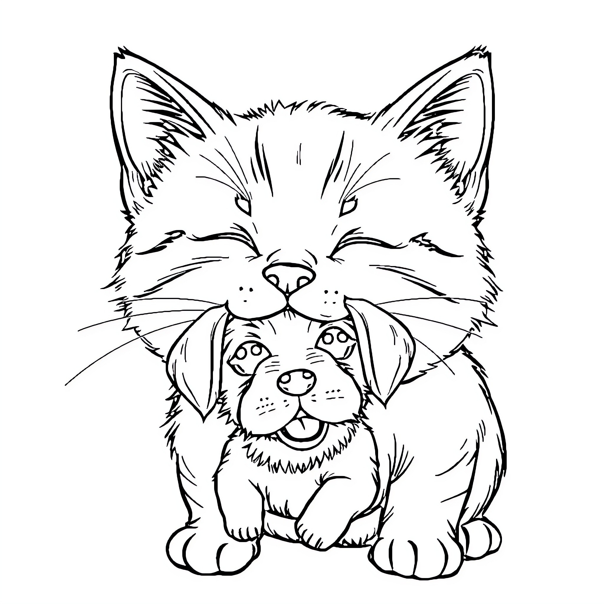 Cat cuddling with a happy puppy Coloring Page (free black-and-white line drawing printable PDF for all, from beginners to advanced learners, including children, teens, adults, and seniors)