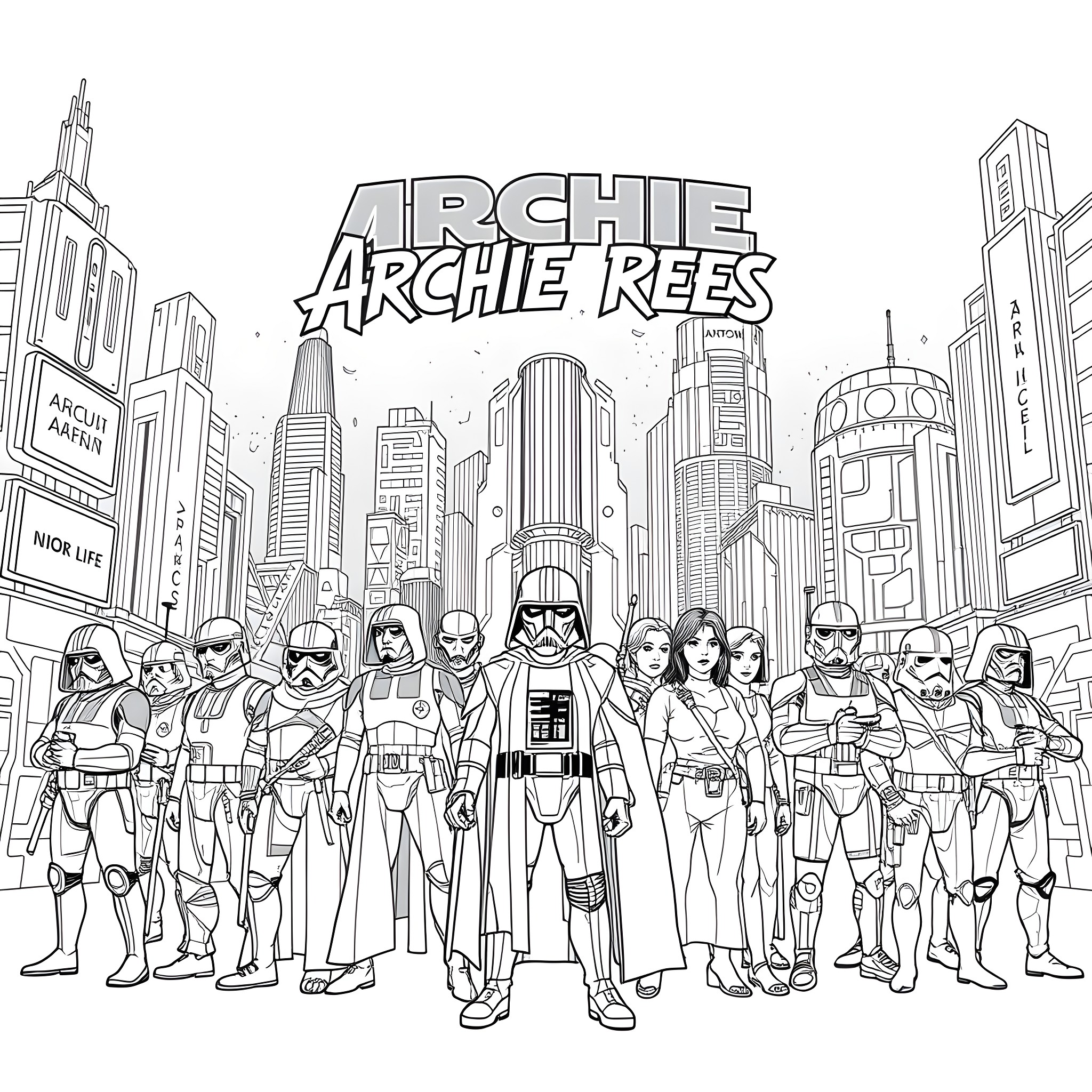 Star Wars characters in a futuristic city Coloring Page (free black-and-white line drawing printable PDF for all, from beginners to advanced learners, including children, teens, adults, and seniors)