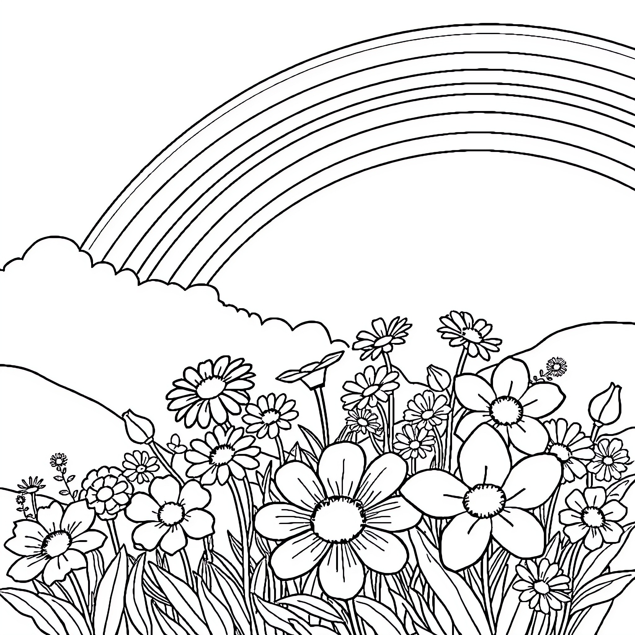 Flower Field with Rainbow Coloring Page (free black-and-white line drawing printable PDF for all, from beginners to advanced learners, including children, teens, adults, and seniors)