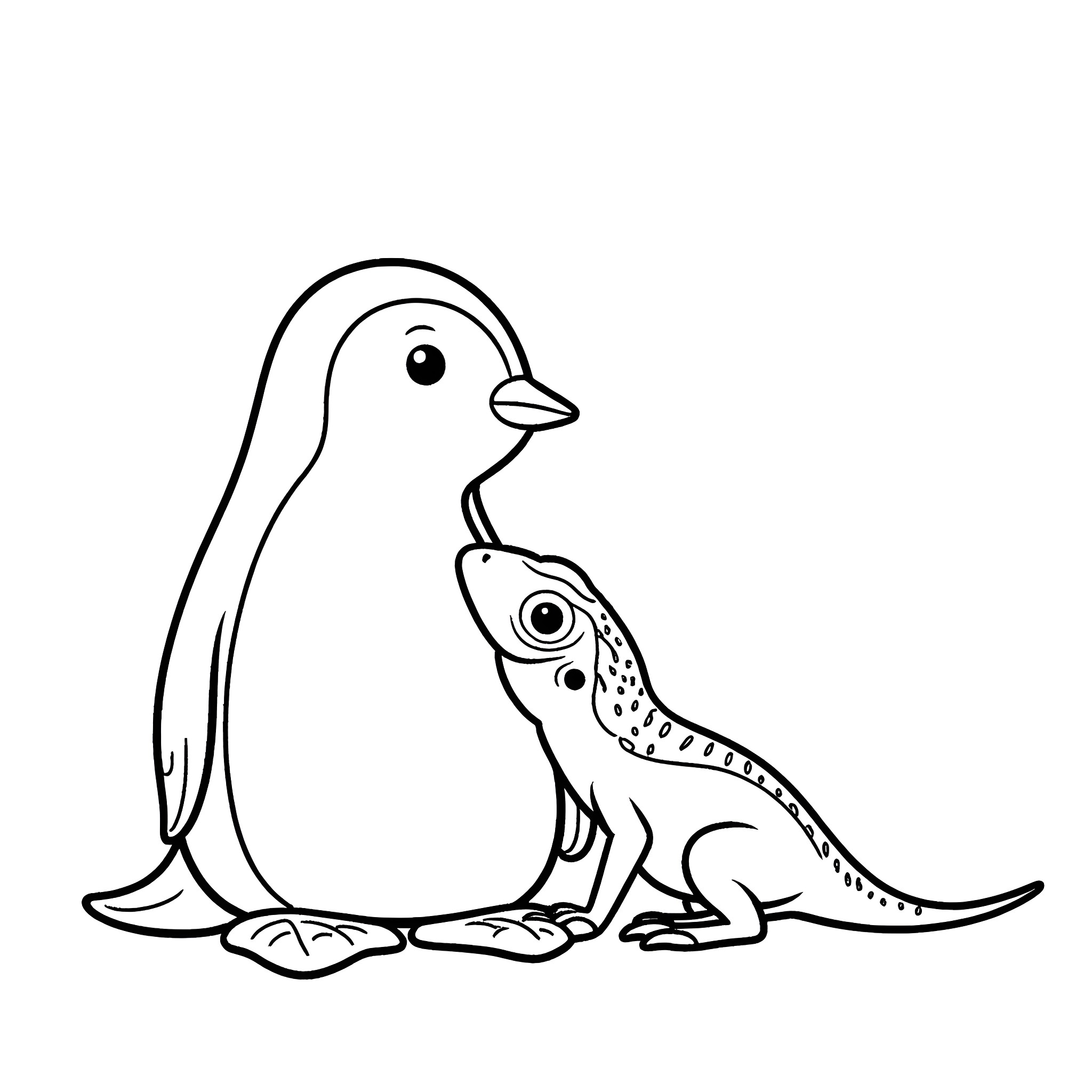 Penguin with baby chick Coloring Page (free black-and-white line drawing printable PDF for all, from beginners to advanced learners, including children, teens, adults, and seniors)