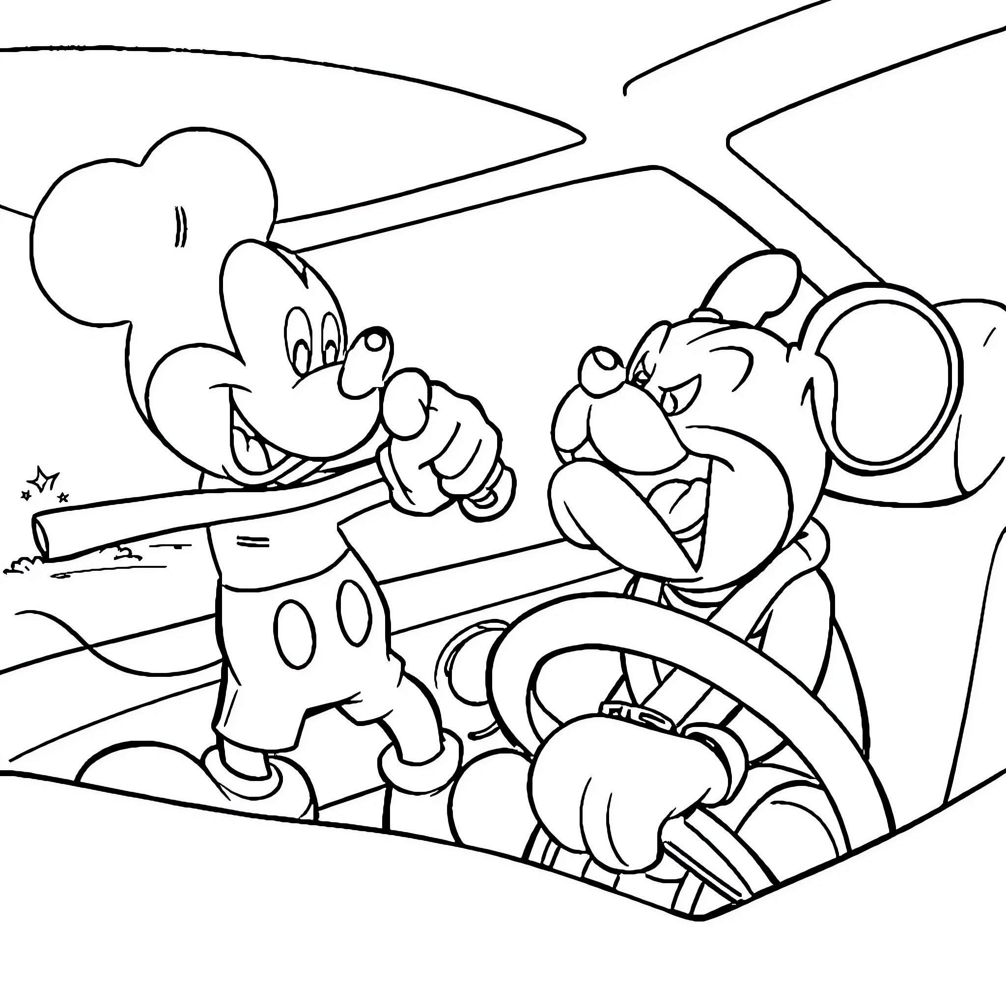 Mickey Mouse riding in a race car with Pluto Coloring Page (free black-and-white line drawing printable PDF for all, from beginners to advanced learners, including children, teens, adults, and seniors)