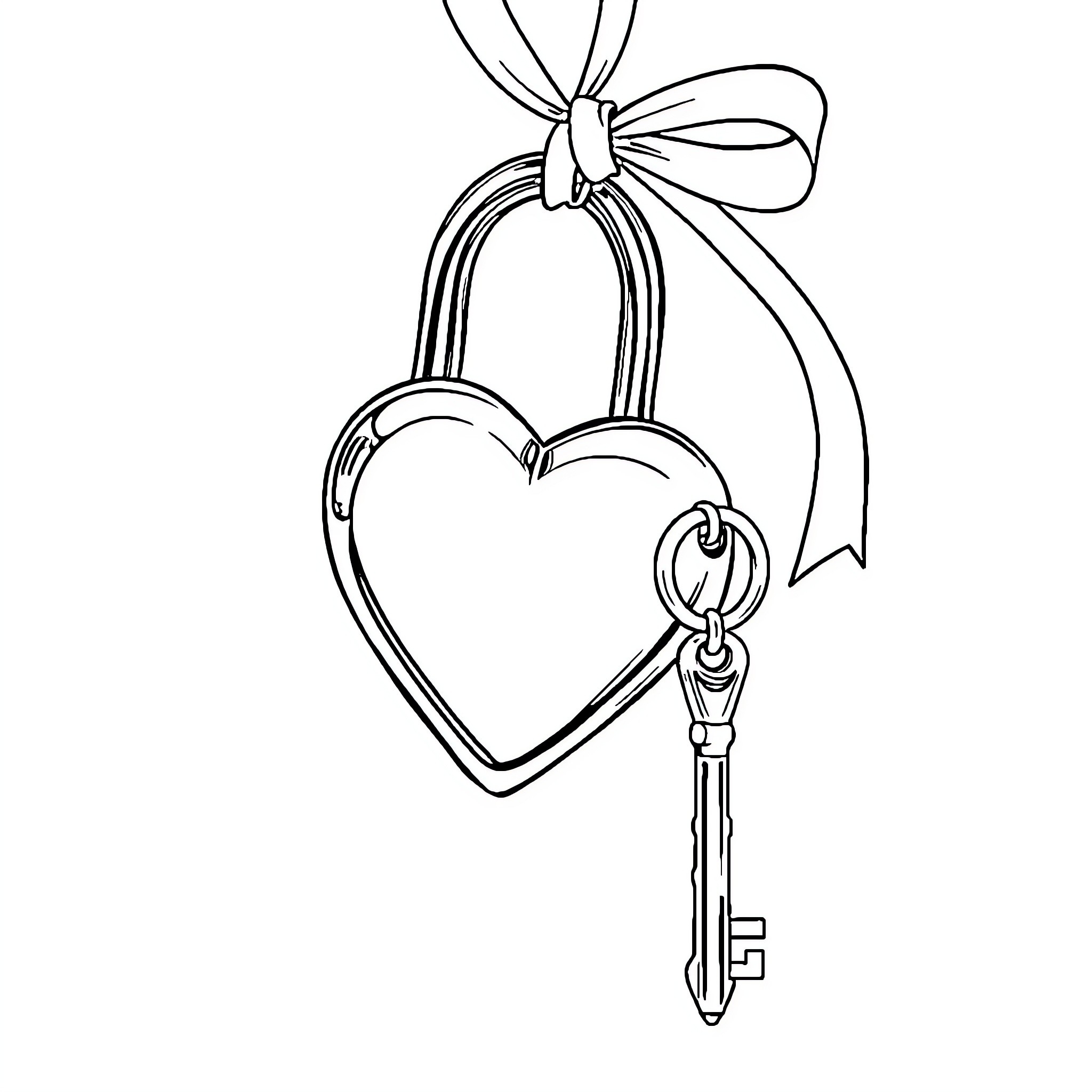 Heart-shaped Lock and Key with Bow Coloring Page (free black-and-white line drawing printable PDF for all, from beginners to advanced learners, including children, teens, adults, and seniors)