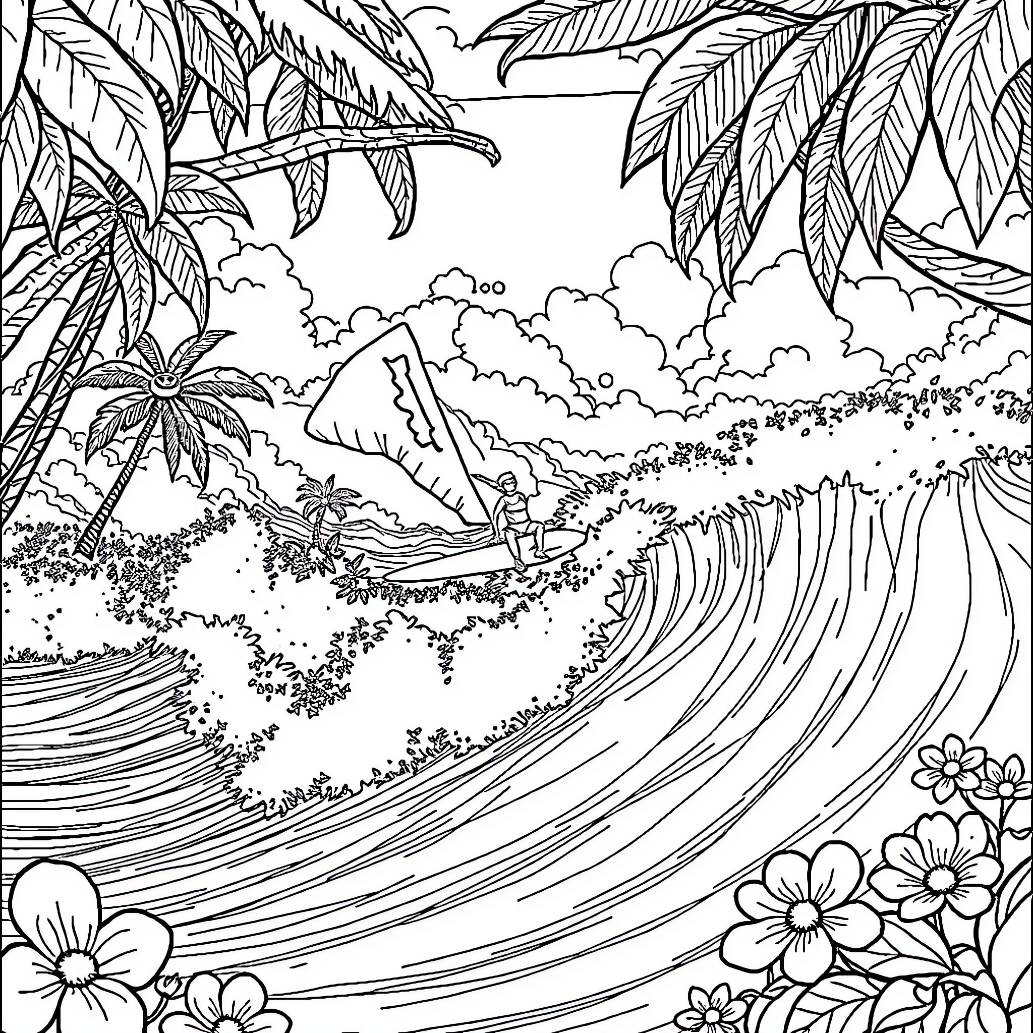 Éden Tropical Serenity: A Tranquil Island Escape Coloring Page (free black-and-white line drawing printable PDF for all, from beginners to advanced learners, including children, teens, adults, and seniors)
