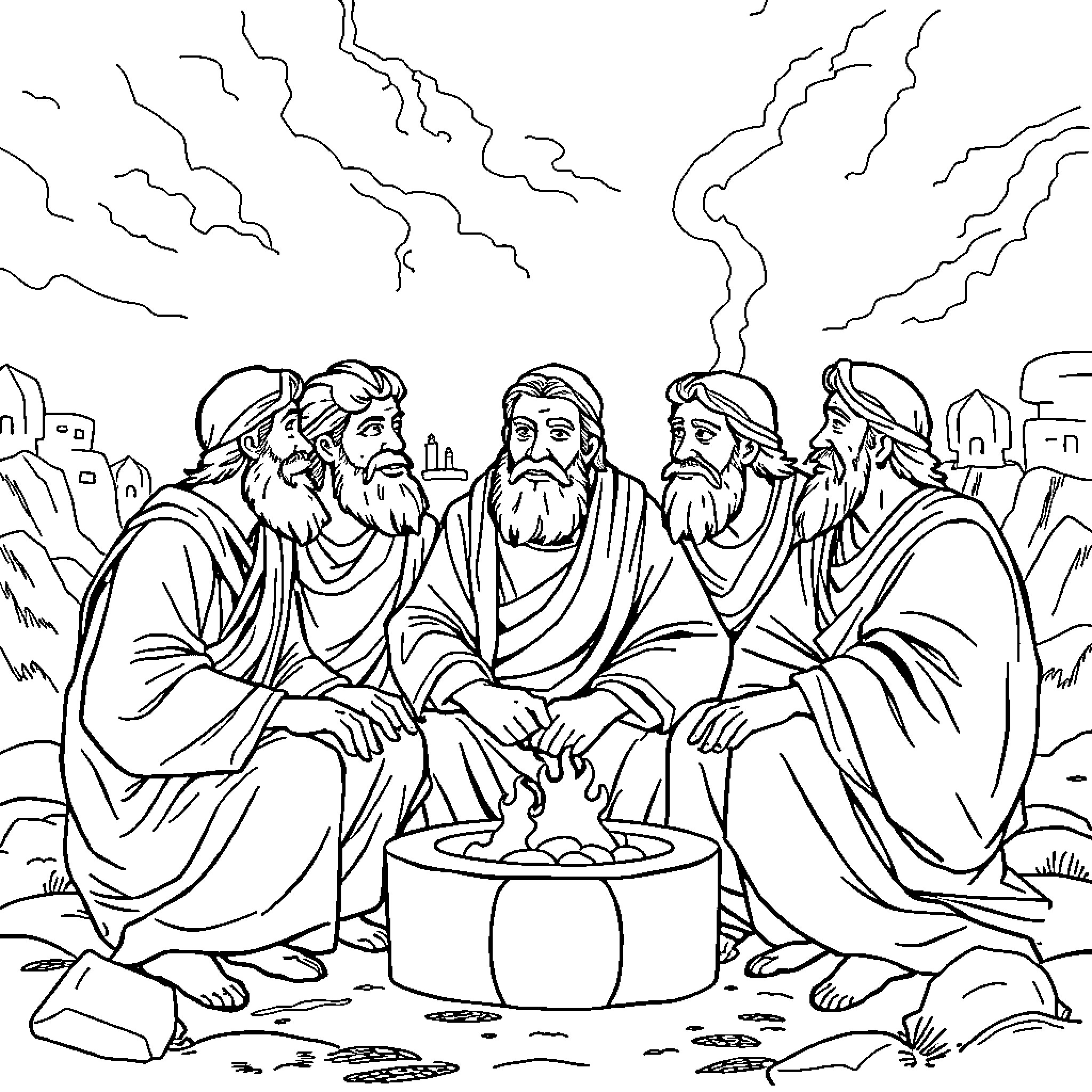 Daniel and the Wise Men in the Desert Coloring Page (free black-and-white line drawing printable PDF for all, from beginners to advanced learners, including children, teens, adults, and seniors)