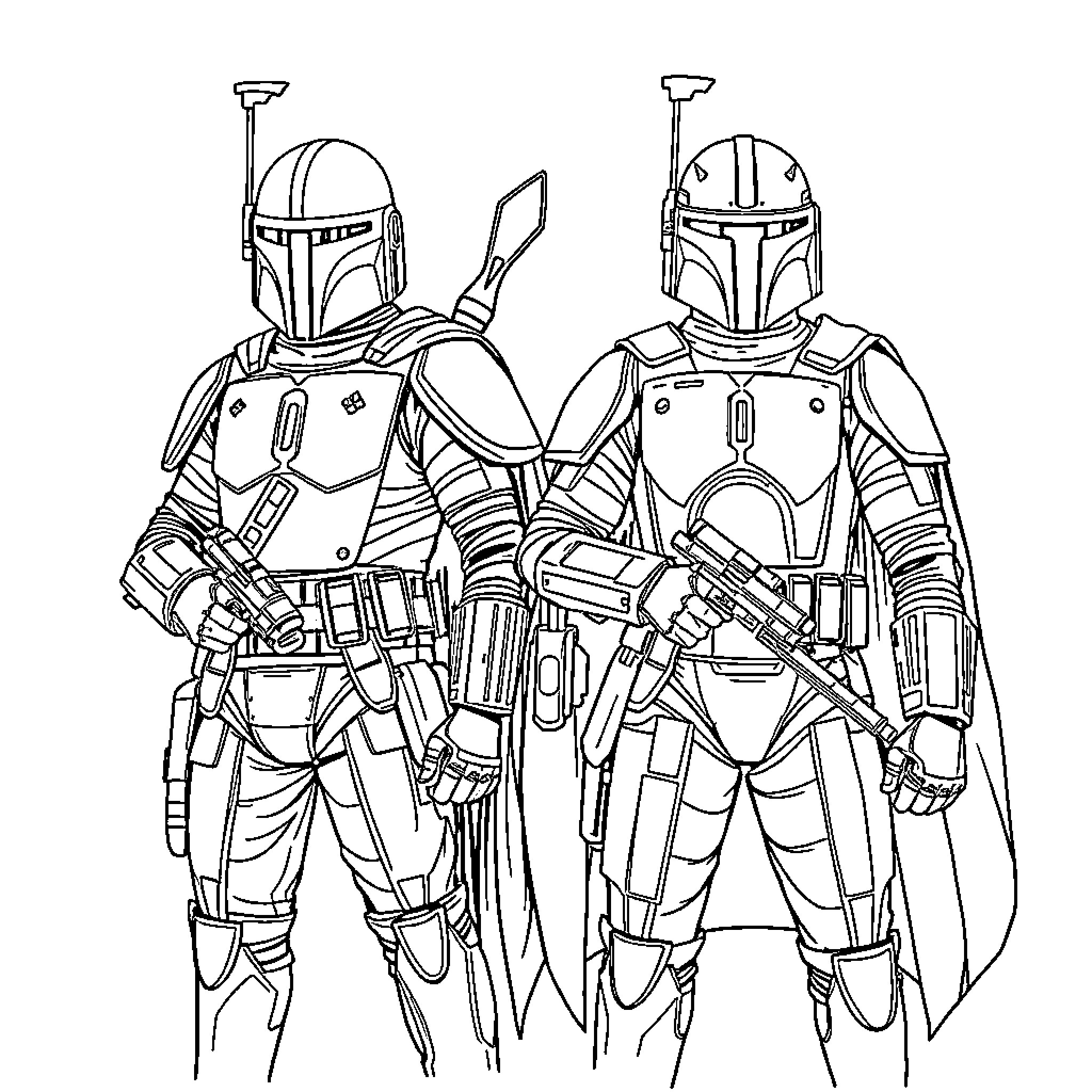 Mandalorian warriors in combat gear Coloring Page (free black-and-white line drawing printable PDF for all, from beginners to advanced learners, including children, teens, adults, and seniors)