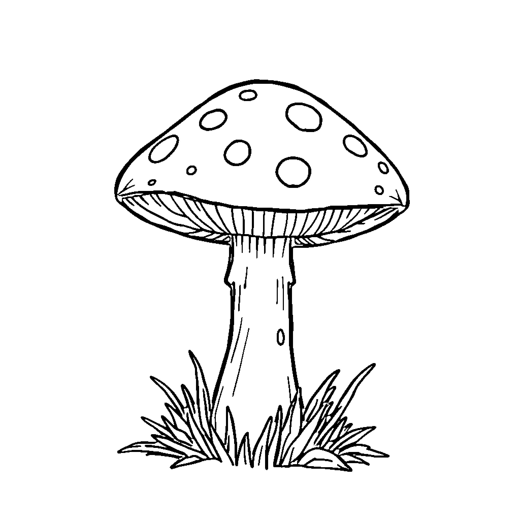 Mushroom with spotted cap in the grass Coloring Page (free black-and-white line drawing printable PDF for all, from beginners to advanced learners, including children, teens, adults, and seniors)
