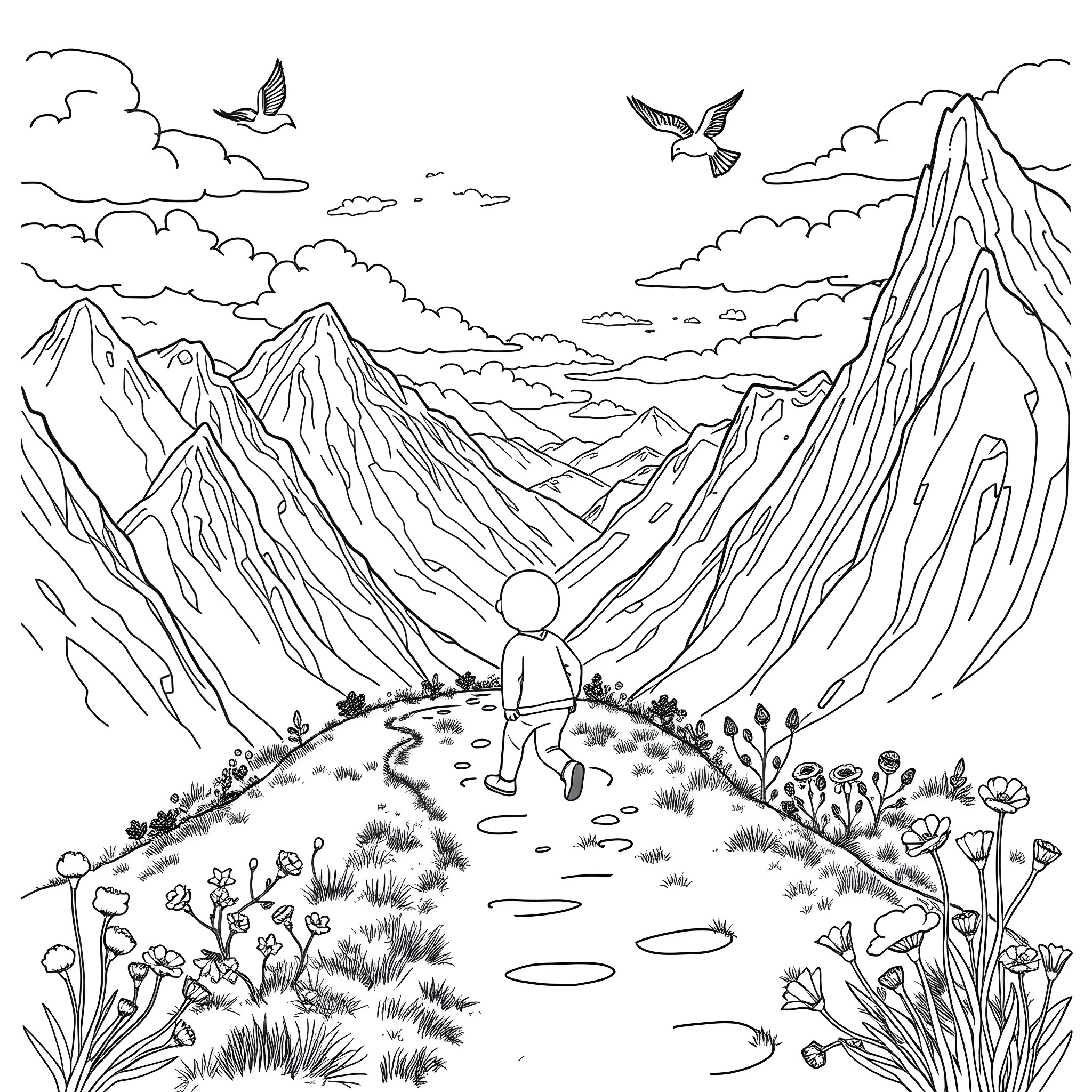 Bubble Boy exploring a scenic mountain landscape Coloring Page (free black-and-white line drawing printable PDF for all, from beginners to advanced learners, including children, teens, adults, and seniors)