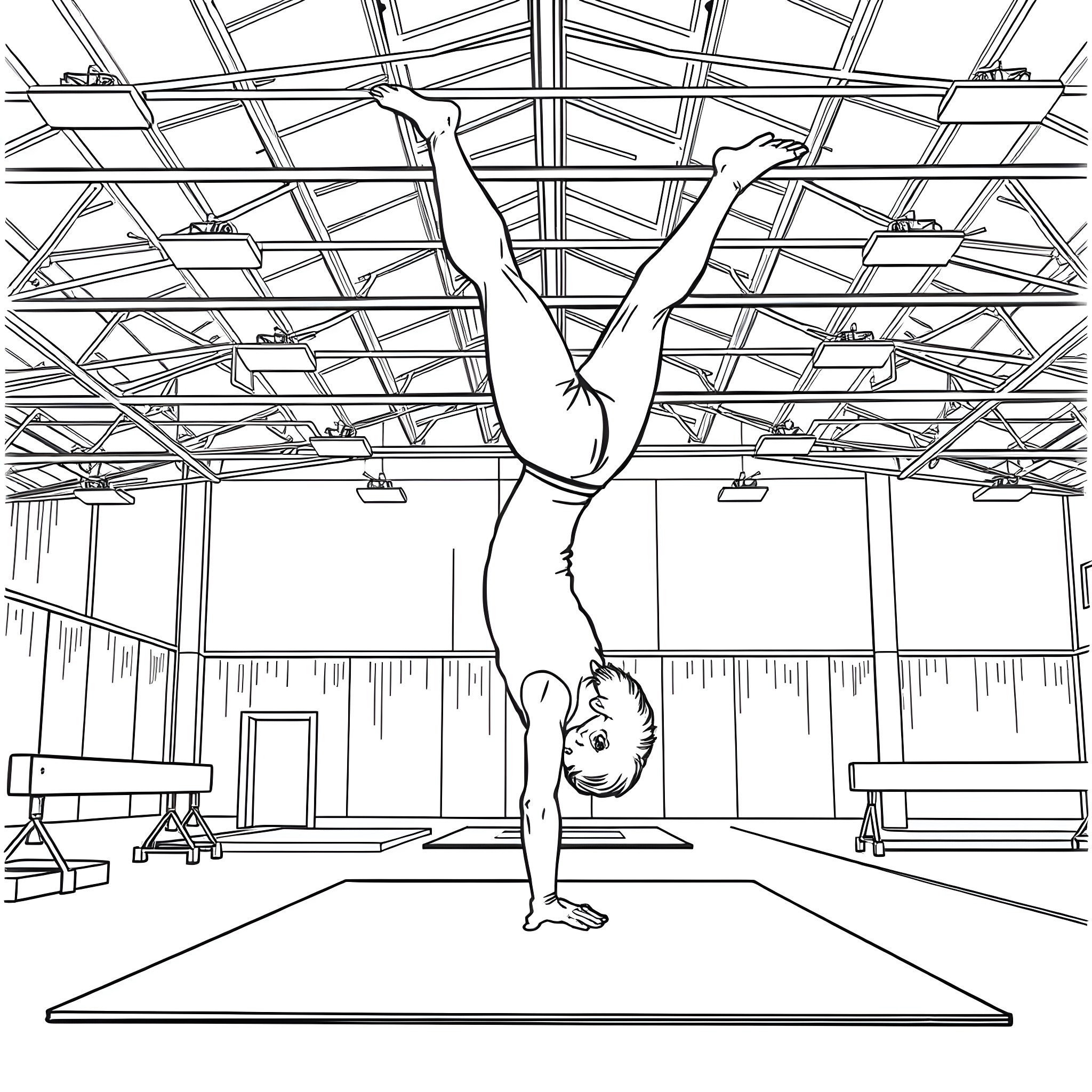 Gymnast performing acrobatic routine in training gym Coloring Page (free black-and-white line drawing printable PDF for all, from beginners to advanced learners, including children, teens, adults, and seniors)